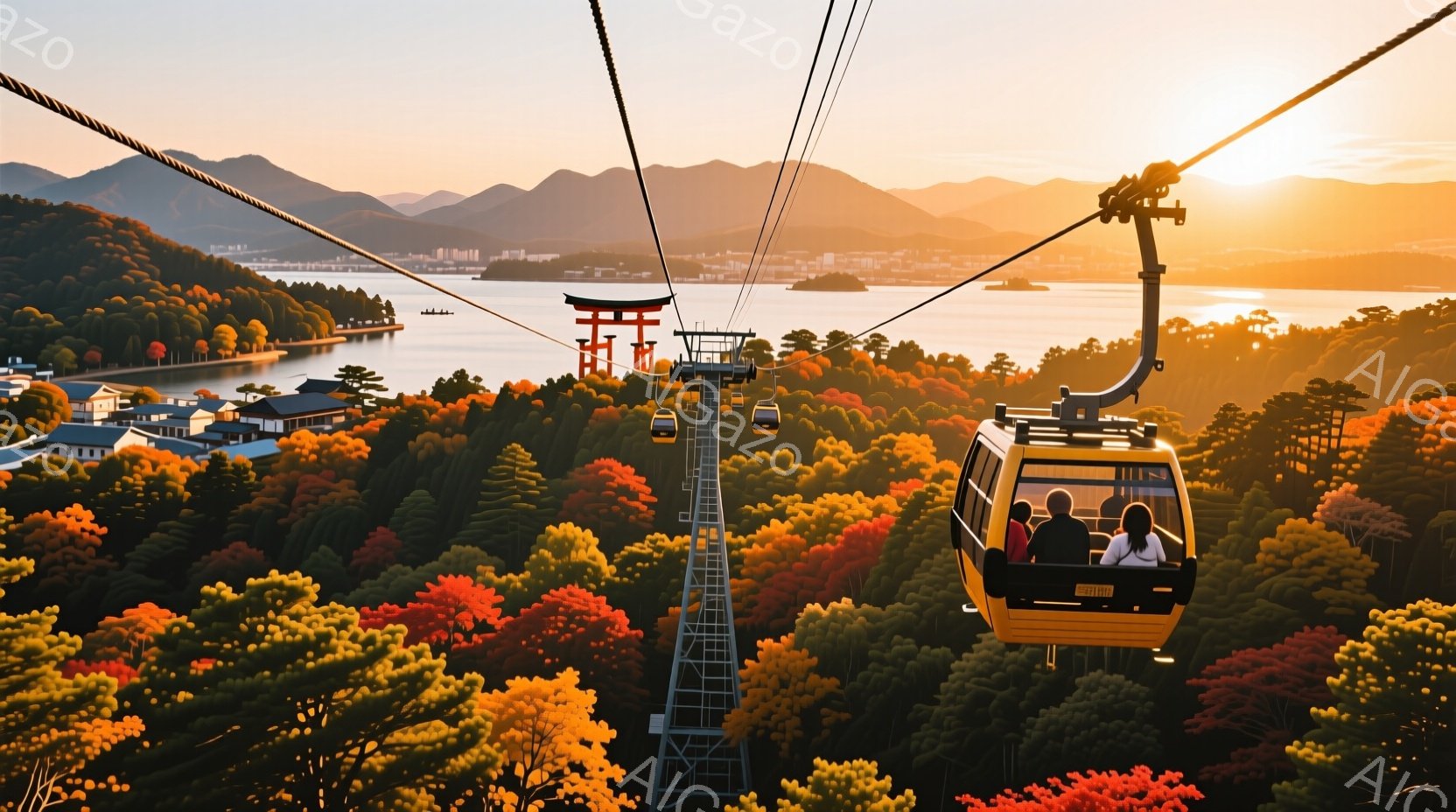 鮮やかな秋色の紅葉に囲まれたロープウェイが、湖と鳥居のある風景を背景に描かれている。ロープウェイの中には数人の乗客が座っており、皆リラックスした様子で景色を楽しんでいるようだ。背景には、湖畔に広がる建物群と、遠くに見える山々が広がっており、夕焼けのような暖かい光が全体を包み込んでいる。