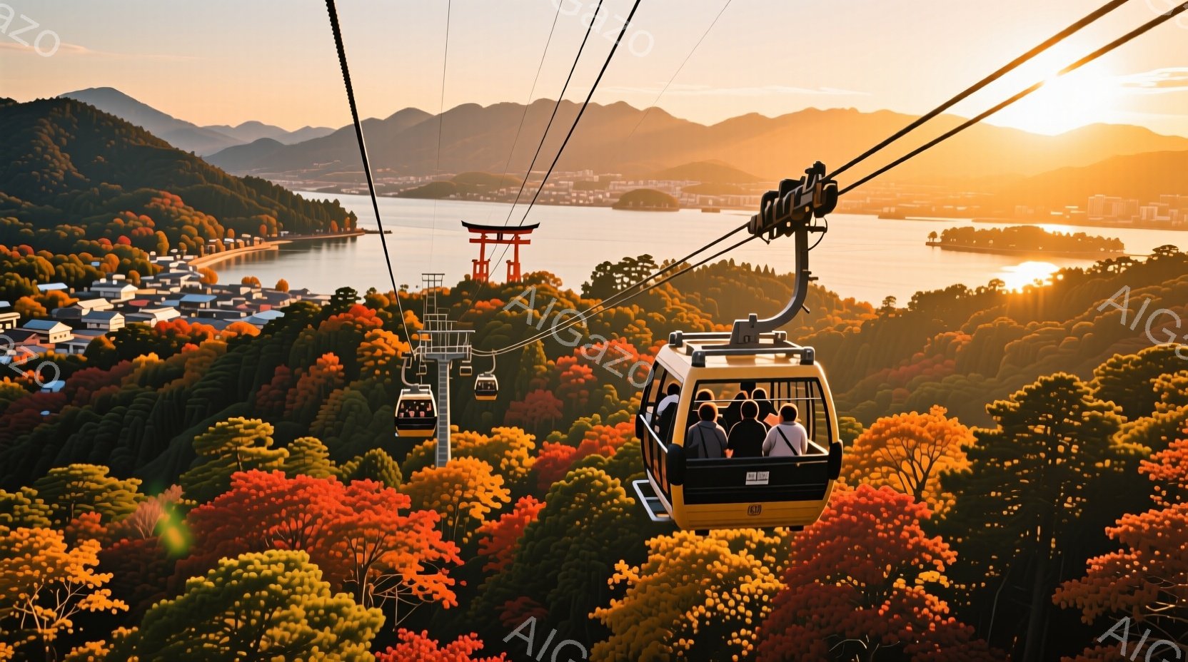カラフルな紅葉に囲まれたロープウェイが写っている。ロープウェイの中には数人の乗客が座っており、カジュアルな服装で、リラックスした様子で景色を楽しんでいるようだ。背景には湖と遠くに見える山々が広がり、夕日の光が湖面を照らし、穏やかで美しい雰囲気を醸し出している。