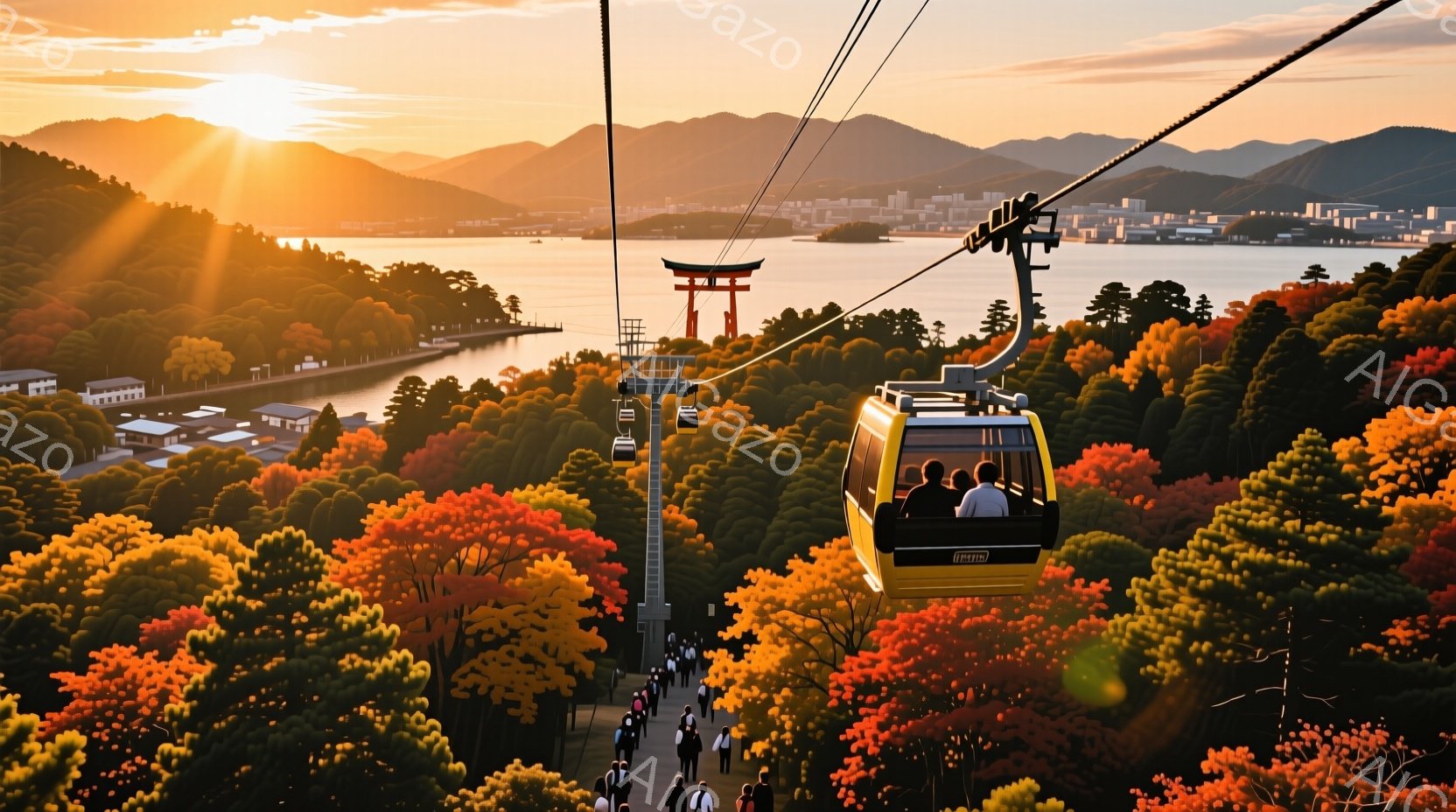 鮮やかな紅葉に囲まれたロープウェイが、穏やかな湖と鳥居の見える風景の中を走っている。ロープウェイの中には数人の乗客が座っており、後ろには多くの人々が列を作っている。夕暮れ時の空と自然の色彩が、平和で温かい雰囲気を醸し出している。