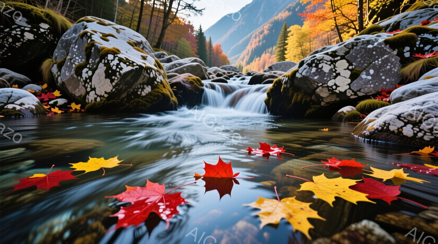 紅葉の葉が水面に浮かび、鮮やかな赤と黄色が対照的な小川の風景です。岩肌は苔むしており、背景には秋の色彩に染まった森林と山々が広がっています。水は岩の間を流れ落ち、自然の静けさと美しさを感じさせる穏やかな雰囲気です。
