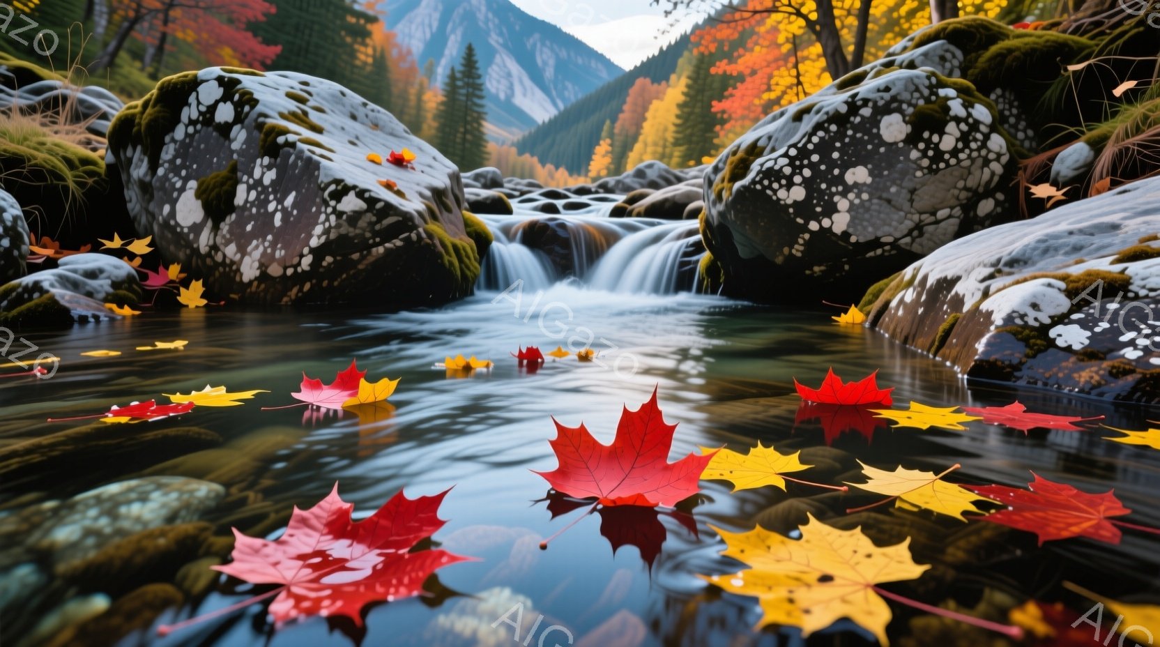鮮やかな赤と黄色の紅葉が水面に浮かび、秋の風景を表現している。岩肌は苔むしており、水は岩の間を流れ落ちて小さな滝を作っている。背景には、紅葉に染まった山々がそびえ立ち、静かで穏やかな雰囲気を醸し出している。