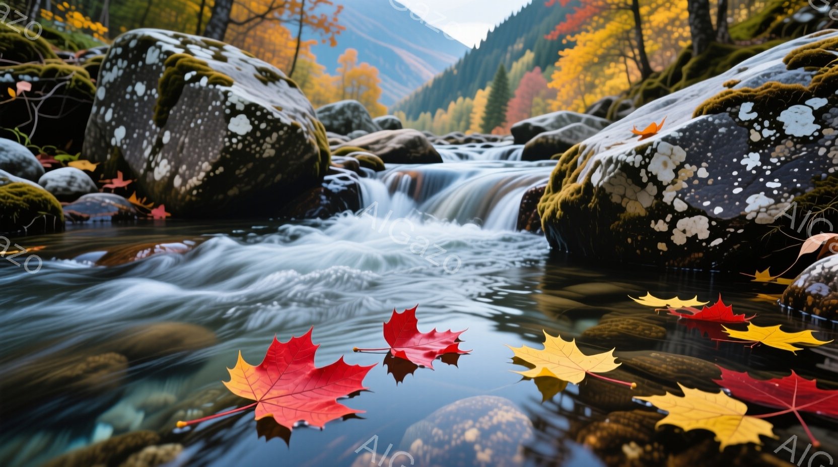 鮮やかな紅葉の葉が水面に浮かび、秋の風景を彩っています。岩肌を流れ落ちる水の流れは力強く、周囲の緑と赤色のコントラストが美しいです。背景には山々がそびえ立ち、全体的に穏やかで自然豊かな雰囲気が漂っています。