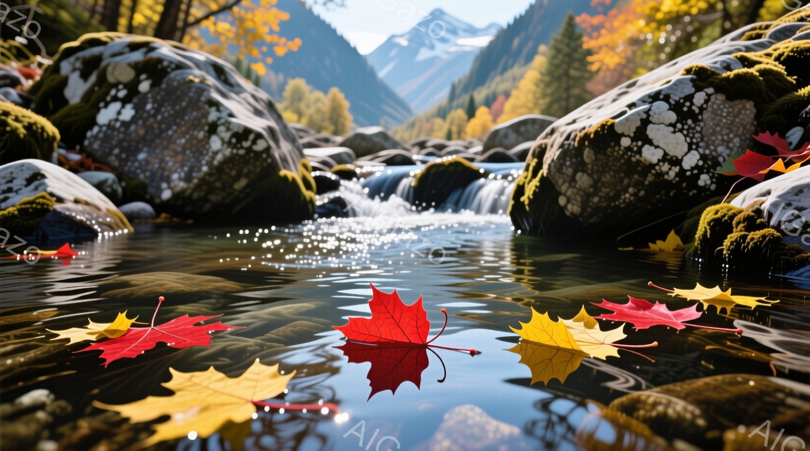 岩と紅葉に彩られた澄んだ川の流れが描かれています。水面には鮮やかな赤と黄色の紅葉が浮かび、周囲の緑豊かな自然とコントラストをなしています。背景には山々がそびえ立ち、秋の静寂で穏やかな雰囲気が漂っています。