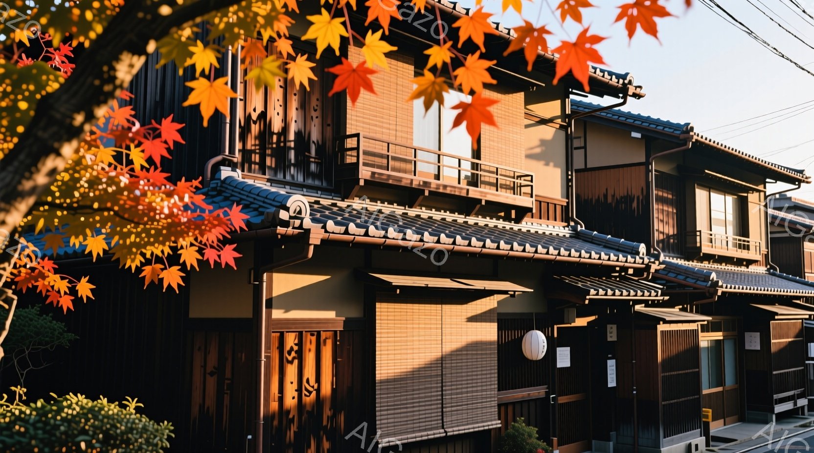 伝統的な木造建築が並ぶ日本の街並みが写っている。鮮やかな紅葉が建物の片側を覆い、秋の暖かな日差しが建物に差し込んでいる。建物は落ち着いた色合いで、日本の歴史と文化を感じさせる静かで趣のある雰囲気が漂っている。