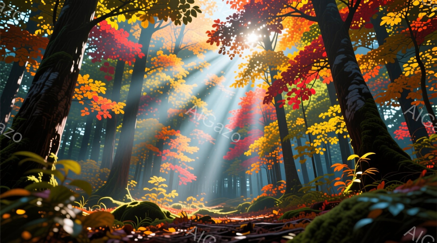 深い森の中、鮮やかな紅葉の木々が太陽の光を浴びて輝いている。地面は落ち葉で覆われ、苔むした岩や植物がアクセントになっている。木漏れ日が幻想的な雰囲気を演出し、静寂で穏やかな空間が広がっている。