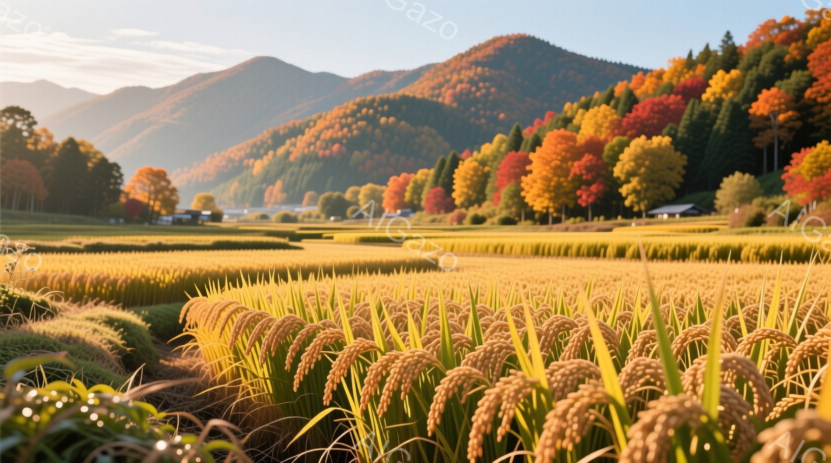 広大な黄金色の稲穂が広がり、秋の田園風景が美しい。背景には色とりどりの紅葉に染まった山々が連なり、穏やかな日差しが全体を照らしている。自然の豊かさと静寂を感じさせる、心安らぐ風景だ。