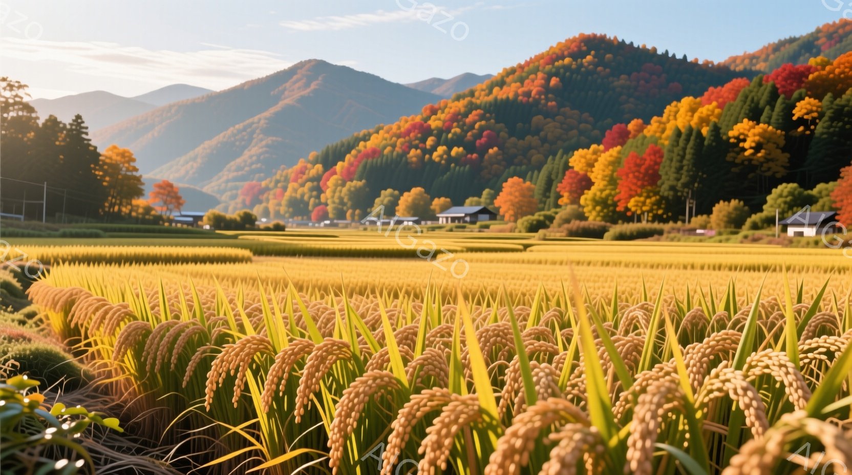 黄金色に輝く稲穂が広がる田園風景で、背景には紅葉に染まった山々が連なっている。遠くには白い屋根の家々が点在し、穏やかな秋の陽光が全体を包み込んでいる。この景色は、日本の秋の豊かな自然と静けさを象徴している。