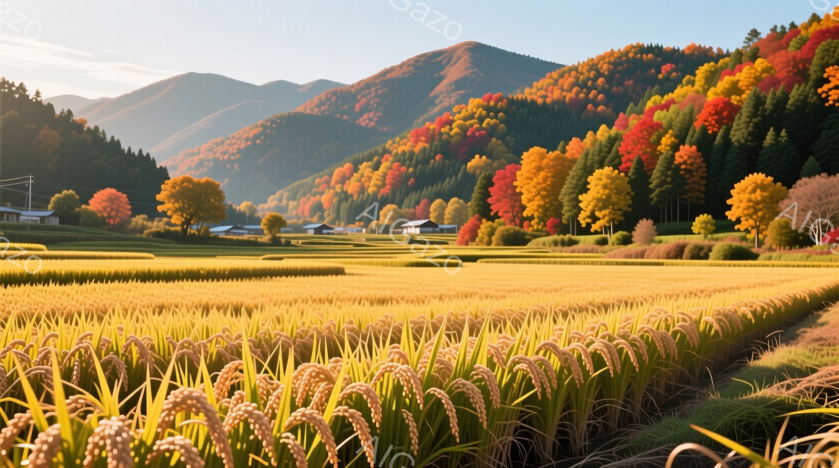 黄金色の稲穂が広がる田園風景が目に飛び込んできます。背景には赤や黄色の紅葉に染まった山々が連なり、その麓には日本の伝統的な家屋が点在しています。秋の穏やかな日差しと色彩豊かな自然が、平和で牧歌的な雰囲気を醸し出しています。