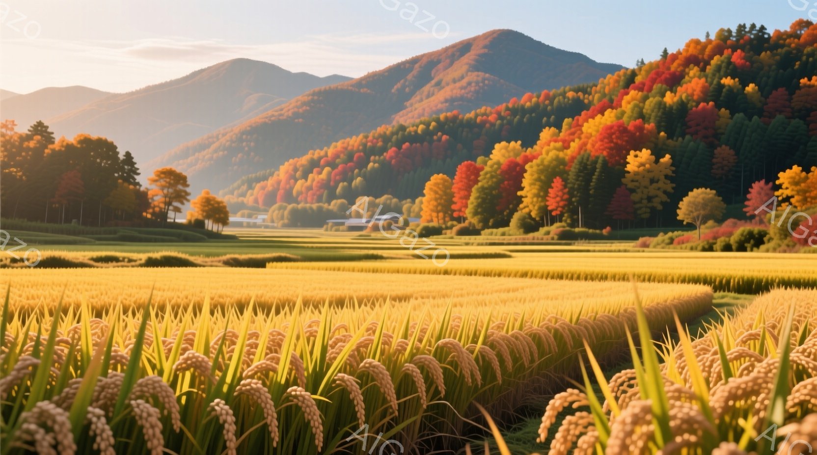 広大な黄金色の稲穂が、視線を遮るように前に広がっている。背景には、赤やオレンジ、黄色の鮮やかな紅葉に彩られた山々が連なり、その麓には点在する建物が見える。空は晴れ渡り、穏やかな秋の陽光が田園風景全体を包み込み、静かで平和な雰囲気を醸し出している。