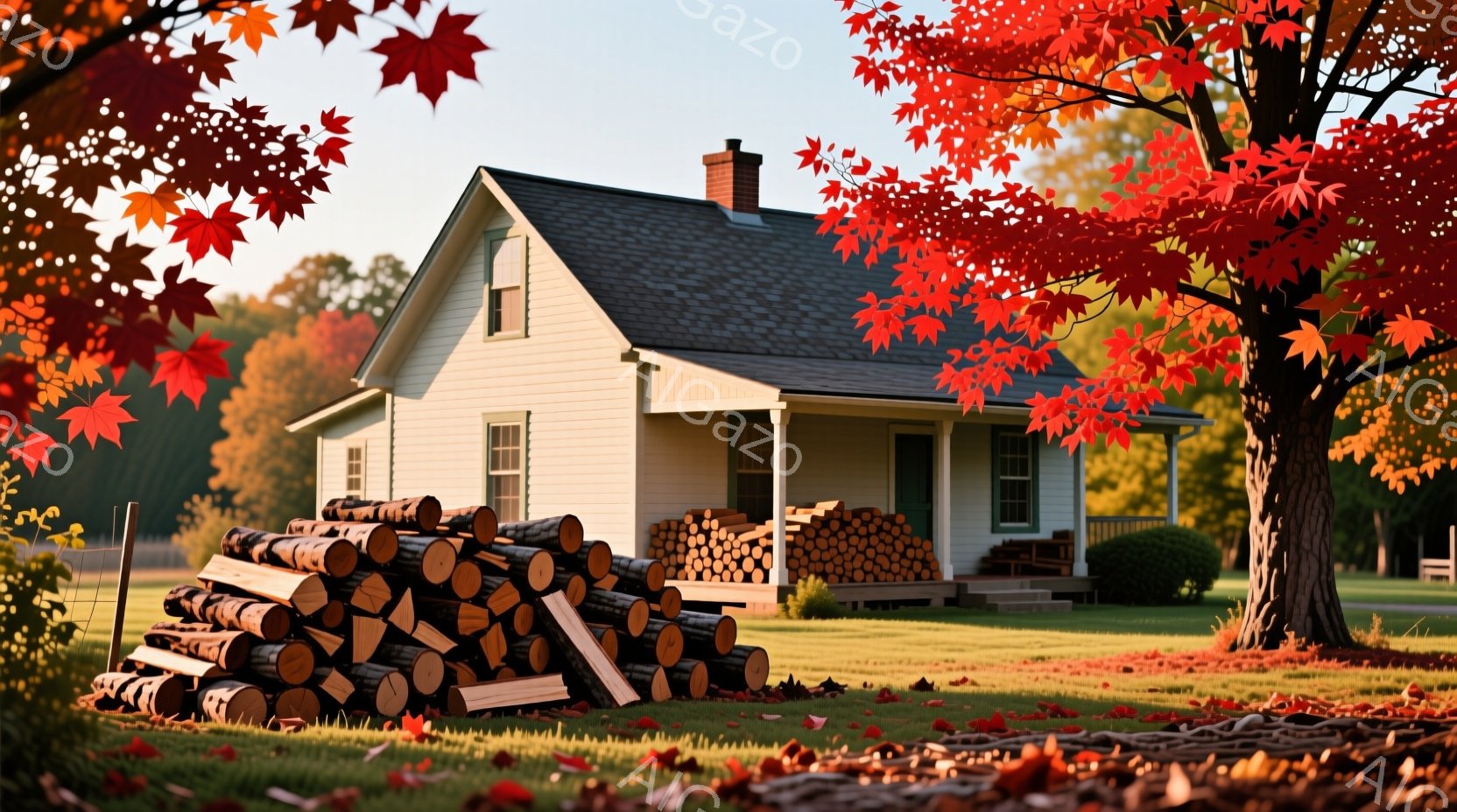 白い壁と屋根の質素な一軒家が、緑豊かな芝生の上に建っています。家の前には薪が積み上げられ、秋の風景を象徴する赤い葉が地面を覆っています。穏やかな日差しが降り注ぎ、静かで平和な雰囲気が漂っています。