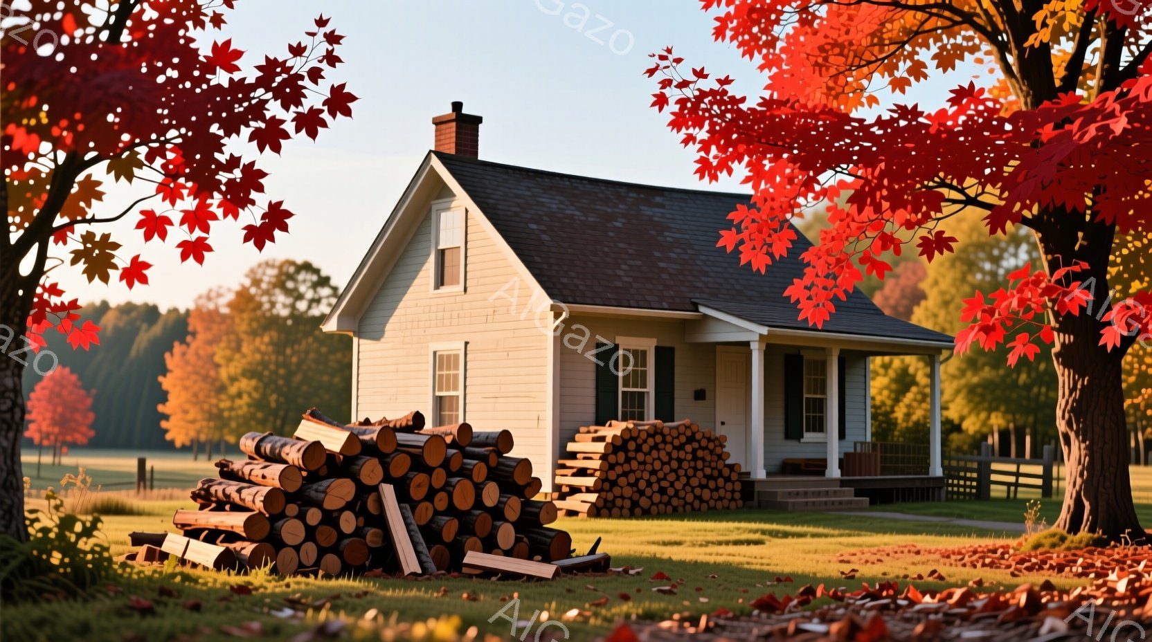 白い木造の家が、秋の鮮やかな紅葉に囲まれて建っています。家の前には薪が積み上げられ、暖炉で暖をとるための準備が整っている様子が伺えます。背景には緑の牧草地が広がり、穏やかで静かな秋の日の雰囲気が漂っています。