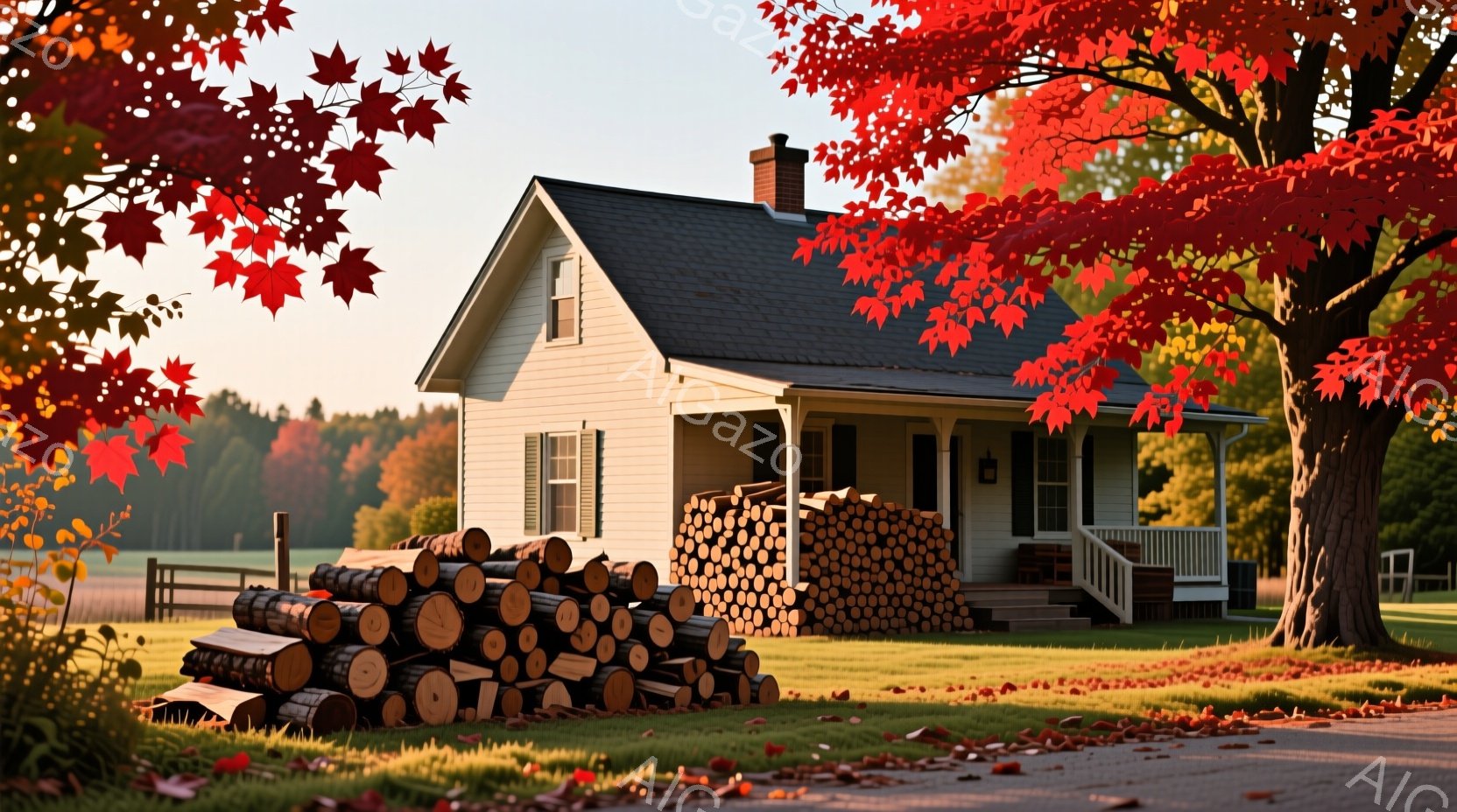 小高い丘の上に、白い木造家屋が佇んでいます。家の前には薪が積み上げられ、秋の訪れを感じさせます。背景には緑の牧草地が広がり、遠くには木々が連なっています。