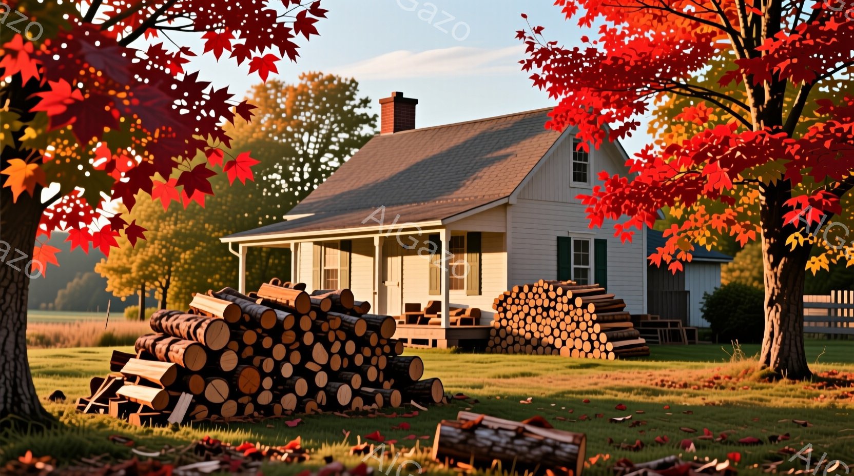 白い木造の家が、秋の夕暮れに緑の芝生の上に建っている。家の前には薪が積み上げられ、家の周りには紅葉した木の葉が散らばり、暖かく穏やかな雰囲気を醸し出している。背景には緑の野原と、かすかに見える木々が広がり、秋の静けさと豊かさを感じさせる。