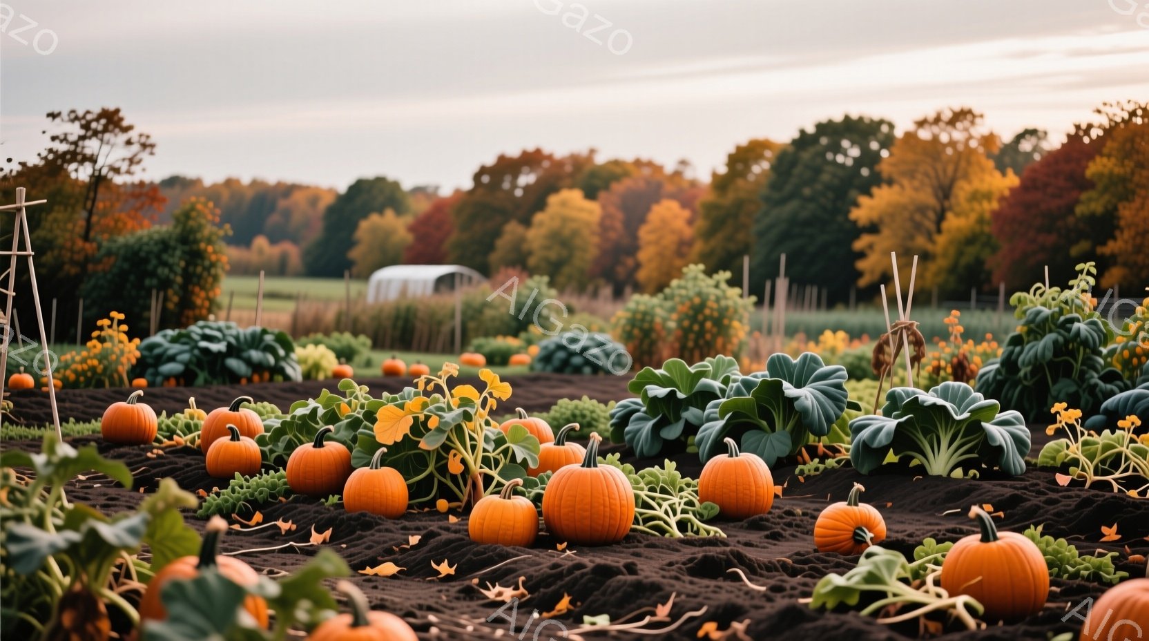 畑にはオレンジ色のカボチャと緑色のキャベツが密集して並び、秋の収穫の風景が広がっています。背景には、赤や黄色の葉が茂った木々と、遠くに見える白い建物があり、穏やかな秋の陽光が全体を照らしています。土の質感がよくわかる畑で、秋の収穫の喜びと自然の豊かさを感じさせる穏やかな雰囲気です。