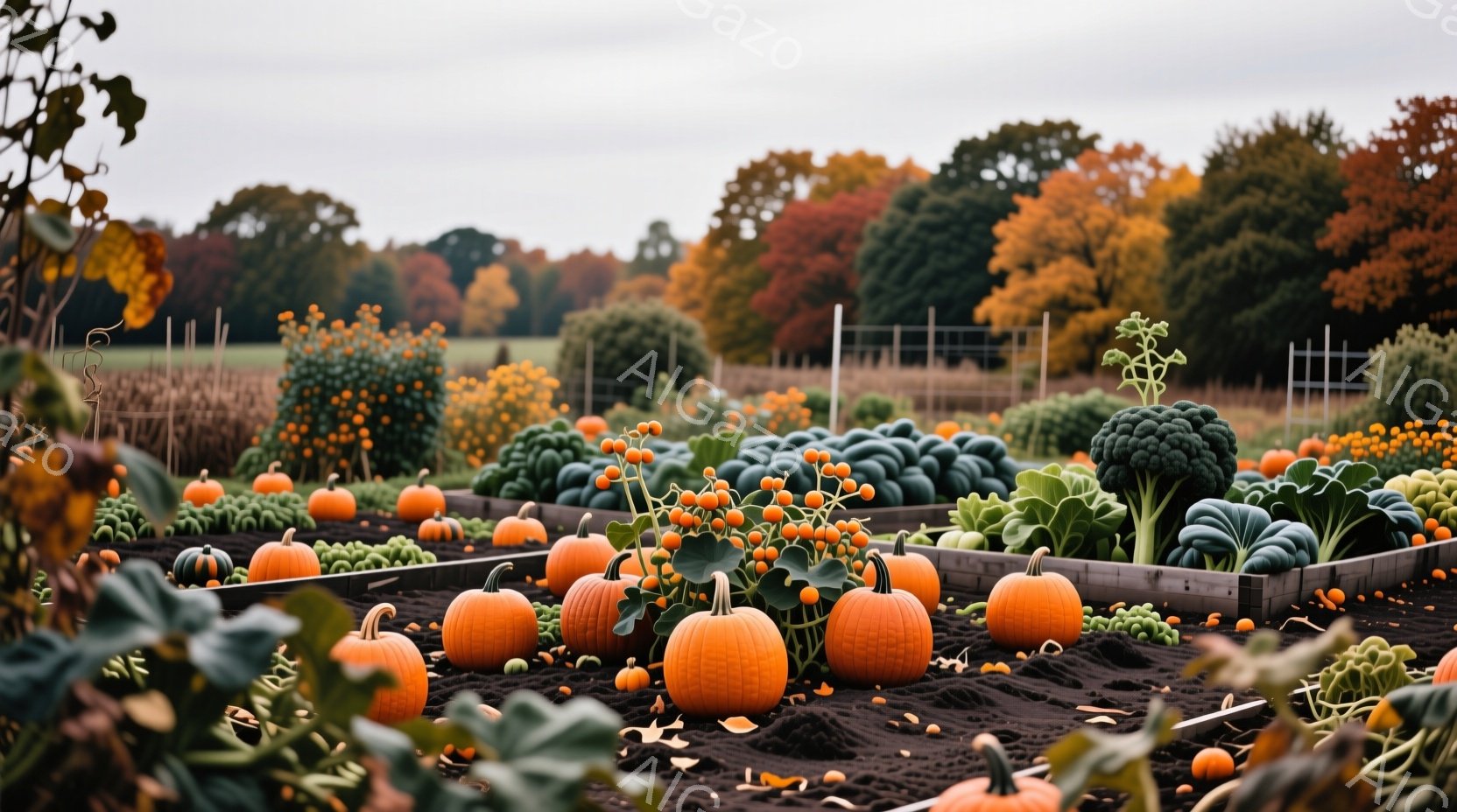 広大な畑には、オレンジ色のカボチャ、緑色のケール、鮮やかなオレンジ色のベリーなどが整然と並べられています。背景には、秋の色とりどりの木々が広がり、空はどんよりとした曇り空で、収穫の季節の穏やかな雰囲気を醸し出しています。土は耕されており、畑全体が自然の恵みが豊かに感じられる、落ち着いた光景です。