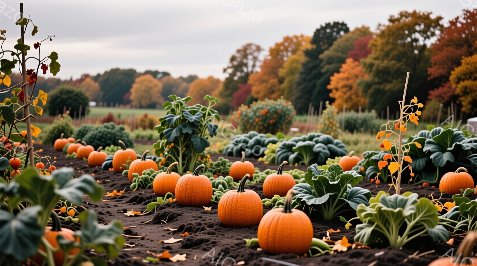 広大な畑には、オレンジ色のカボチャと緑色のキャベツが規則的に並べられています。背景には、赤や黄色の葉が茂った木々が広がり、秋の風景を彩っています。土は湿っていて、落ち葉が点在しており、全体的に豊穣で穏やかな雰囲気が漂っています。