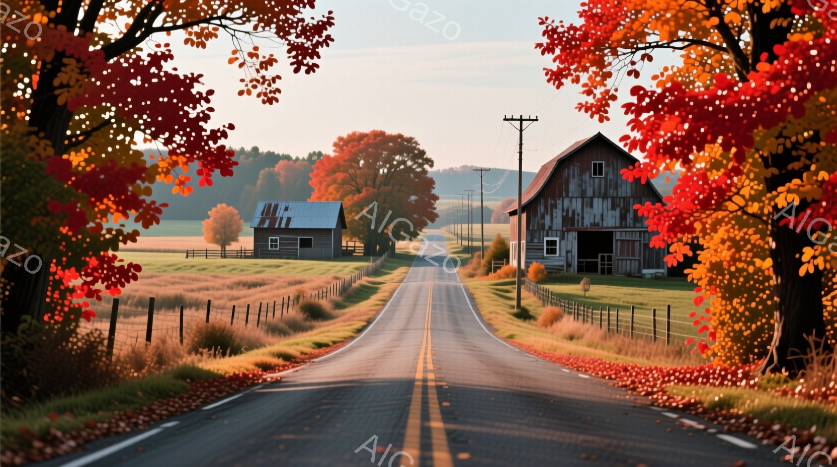 舗装された道路が、両側に広がる緑の牧草地と紅葉した木々の間に伸びています。遠景には、古い木造の農家と納屋が見え、素朴な田園風景が広がっています。空は晴れで、穏やかな秋の日の温かい雰囲気が漂っています。