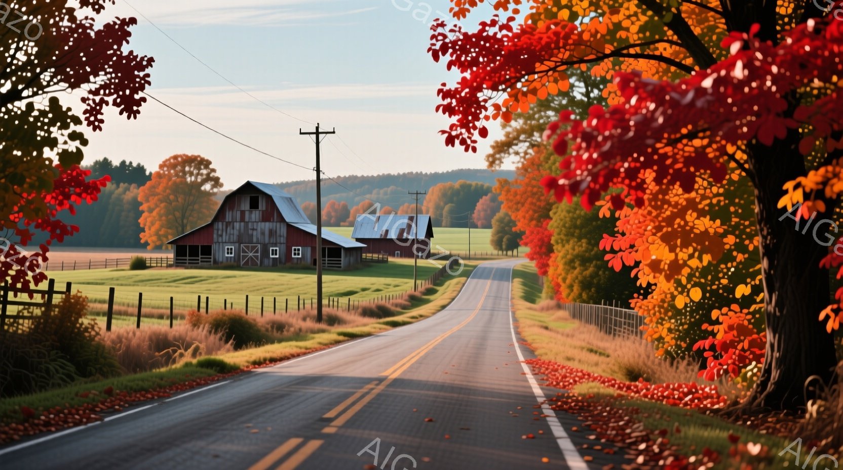舗装された道が、秋の田園風景の中を緩やかに曲がって進んでいる。道の両脇には、鮮やかな赤やオレンジ色の落ち葉が散りばめられ、遠方には赤い屋根の農家が緑の牧草地に佇んでいる。空は晴れ、穏やかな光が差し込み、全体的に暖かく、静かで、平和な雰囲気である。
