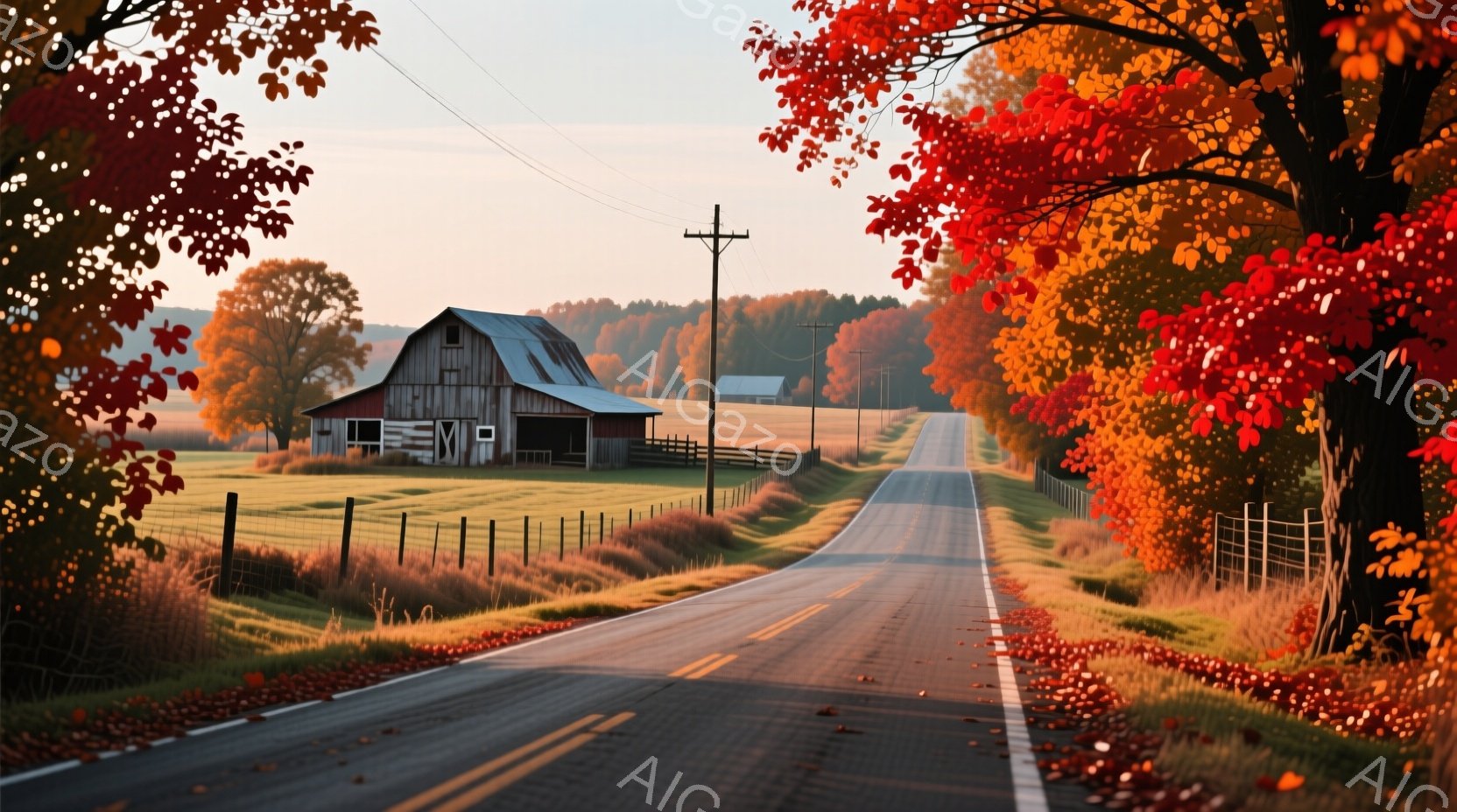 長いまっすぐな道が、秋の夕暮れに照らされた田園風景が広がっている。道の両脇には紅葉した木々と牧草地が広がり、遠くには古びた赤い農家が見える。全体的に暖かく、落ち着いた雰囲気で、秋の静けさと美しさが感じられる。