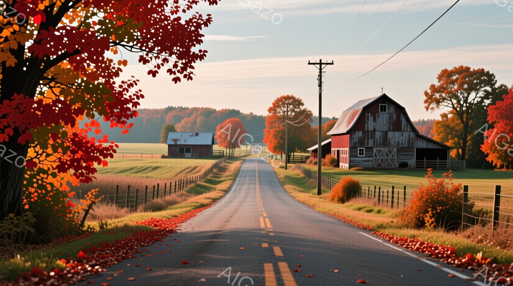 秋の田園風景が広がり、アスファルトの道が両側を縁取るように伸びている。道の両脇には牧草地が広がり、遠くには赤い屋根の農家が点在し、鮮やかな紅葉の木々が背景を彩っている。全体的に穏やかでノスタルジックな雰囲気で、秋の静けさと自然の美しさが感じられる。