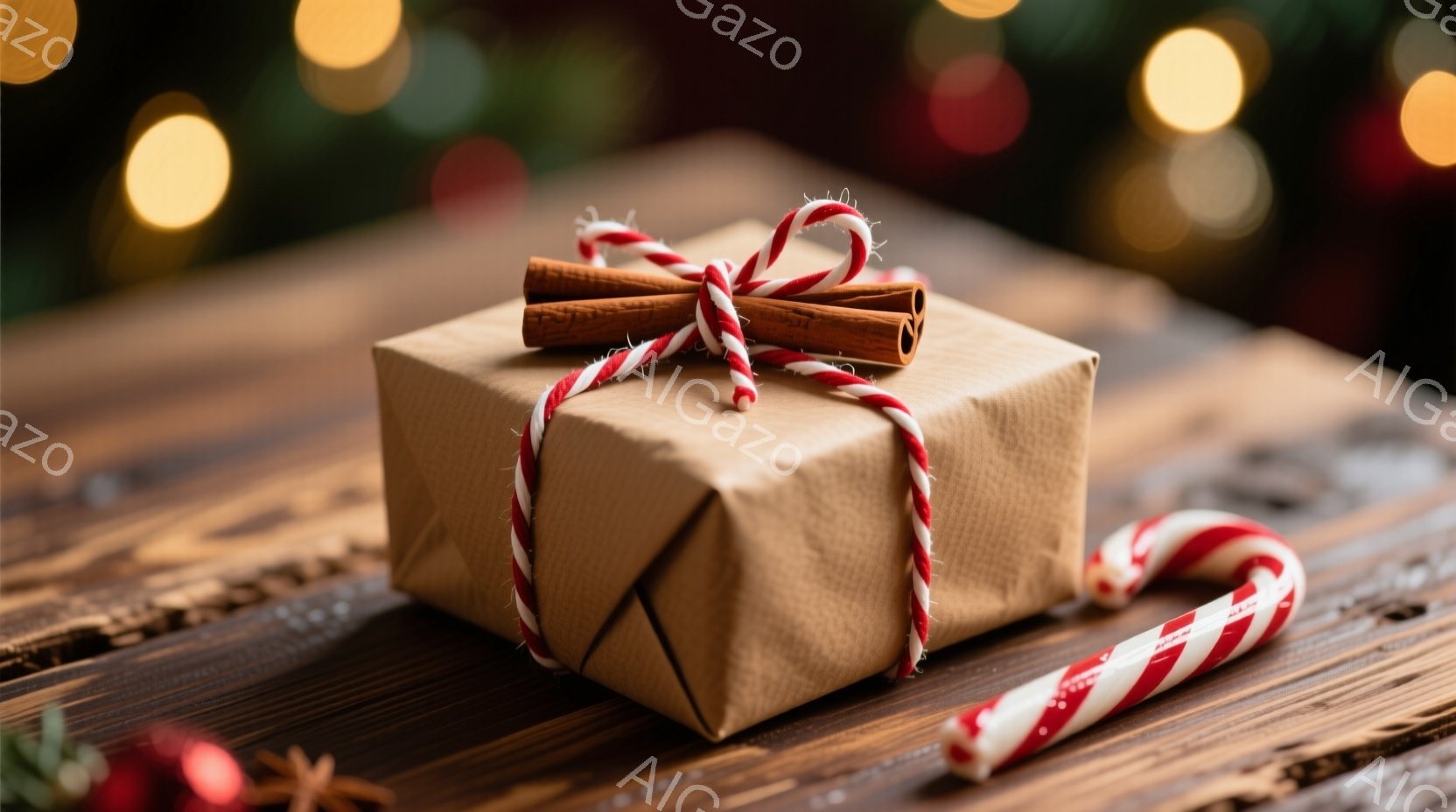 不自然な茶色の包装紙で包まれた小さなプレゼントが、赤と白の撚り紐で結ばれています。プレゼントの隣には、伝統的な赤と白のキャンディケーンが横たわっており、背景は木製の表面とぼやけたクリスマスライトで彩られています。全体的に、温かく、心地の良い、ホリデーシーズンを想起させる雰囲気です。