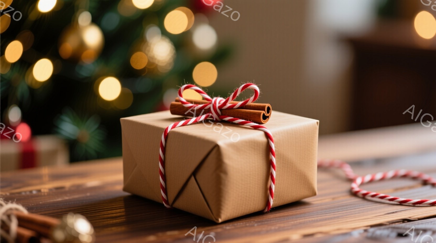 茶色い包装紙で丁寧に包まれたプレゼントが木製のテーブルの上に置かれている。赤いと白の縞模様のリボンが可愛らしく結ばれており、背景にはぼやけたクリスマスツリーが見える。全体的に温かく、落ち着いた雰囲気で、クリスマスや特別な日の贈り物を示唆している。