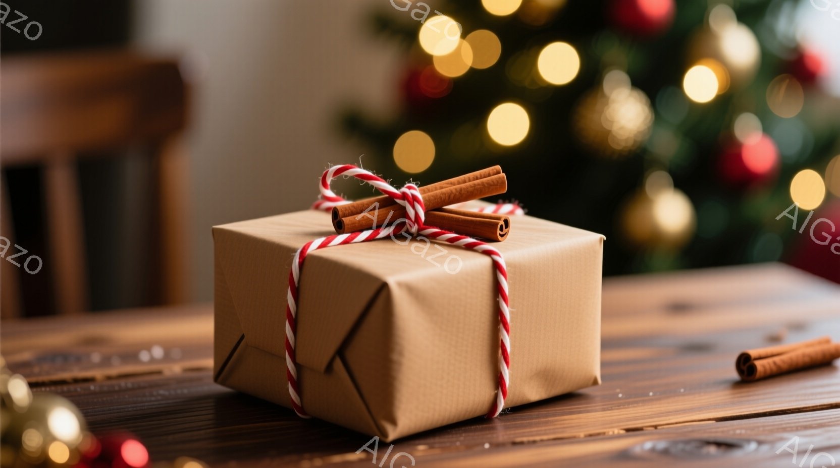 木目のテーブルの上に、茶色の包装紙で丁寧に包まれたプレゼントが置かれています。プレゼントには、赤と白の縞模様の紐が結ばれ、シナモンスティックが添えられています。背景には、ぼやけたクリスマスツリーのライトと装飾が見え、温かく穏やかな雰囲気が漂っています。