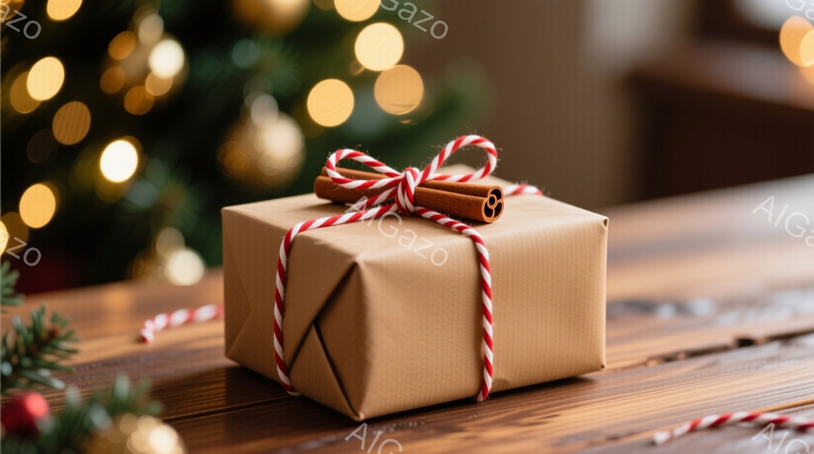 包装紙で丁寧に包まれた小さなプレゼントが、木製のテーブルの上に置かれています。プレゼントには、赤と白の紐が巻かれ、短いシナモンスティックが可愛らしく添えられています。背景にはぼやけたクリスマスツリーの明かりが見え、温かく穏やかなクリスマスの雰囲気を醸し出しています。