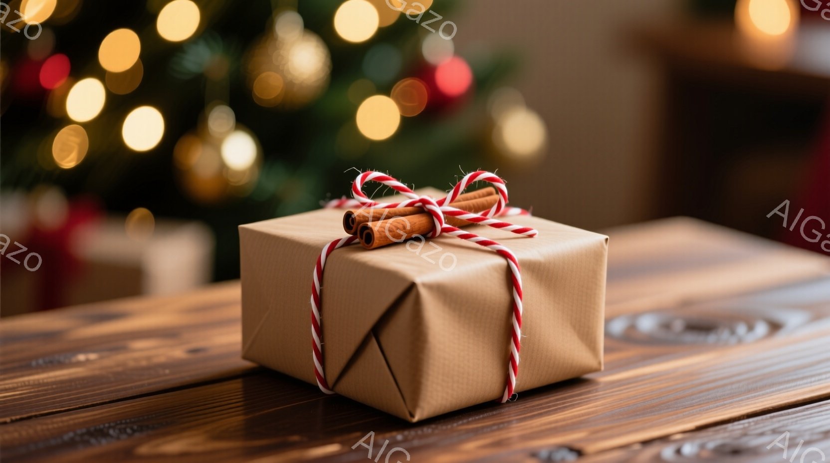 クラフト紙で包まれた小さなプレゼントが木製のテーブルの上に置かれています。赤い縞模様のリボンとシナモンスティックが可愛らしく飾り付けられています。背景にはぼやけた温かい色の光が灯り、ホリデーシーズンの暖かく居心地の良い雰囲気を醸し出しています。