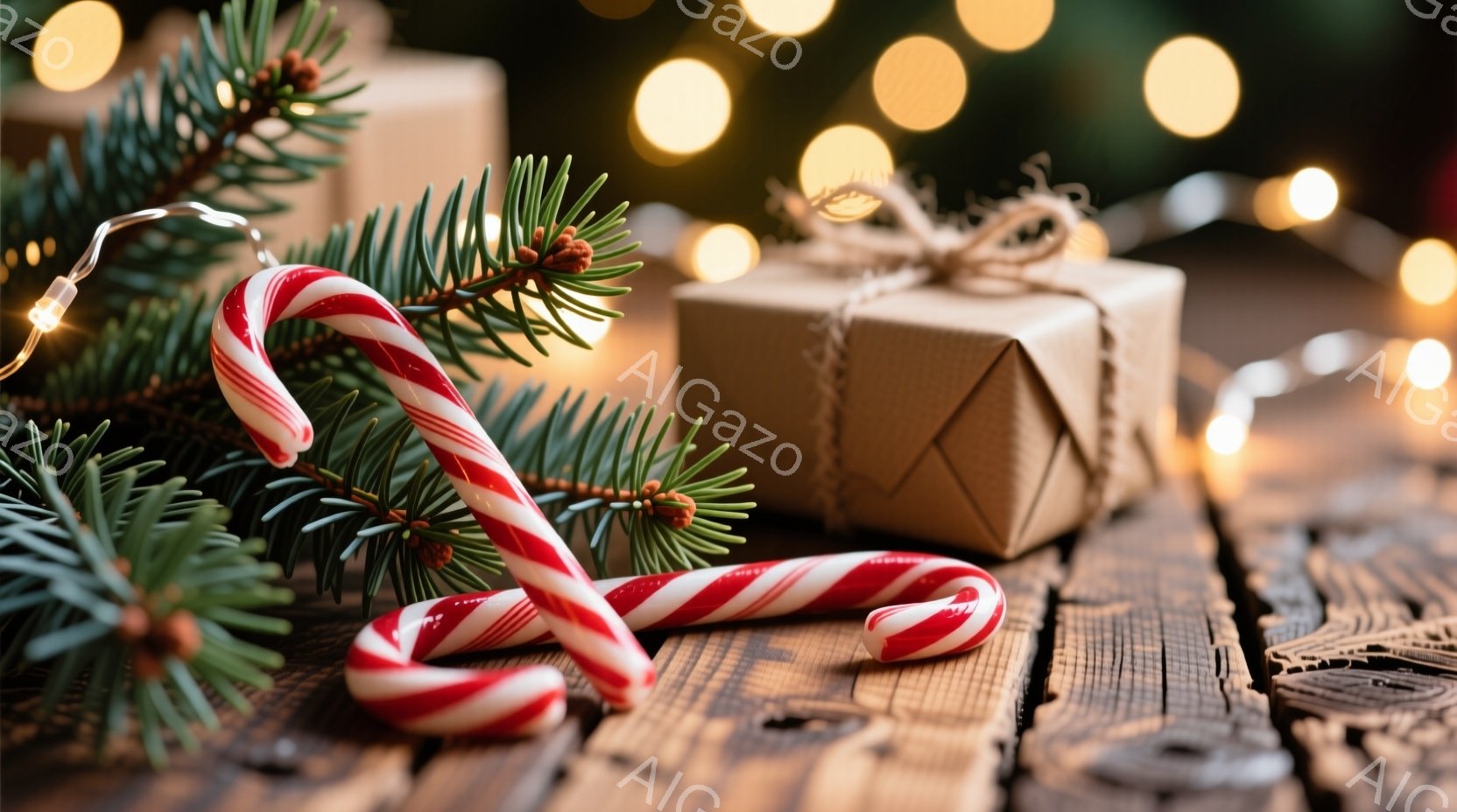 テーブルの上には、赤と白の縞模様のキャンディケーンが2本と、麻ひもで結ばれた小さな茶色のギフトボックスが置かれています。背景には、ぼやけた光と緑の葉っぱが見え、クリスマスの温かく居心地の良い雰囲気を醸し出しています。木製のテーブルの質感と、光のぼかしが、季節の温かさを強調しています。
