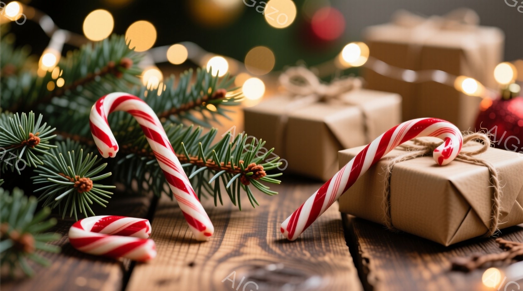暖炉の木の板の上に、キャンディケーンとラッピングされたプレゼントが置かれています。背景には、ぼやけたクリスマスツリーの飾りと光が散りばめられており、ホリデーシーズンらしい温かく穏やかな雰囲気を醸し出しています。緑色の葉と茶色のプレゼントの組み合わせが、自然と伝統的なクリスマスの要素を強調しています。