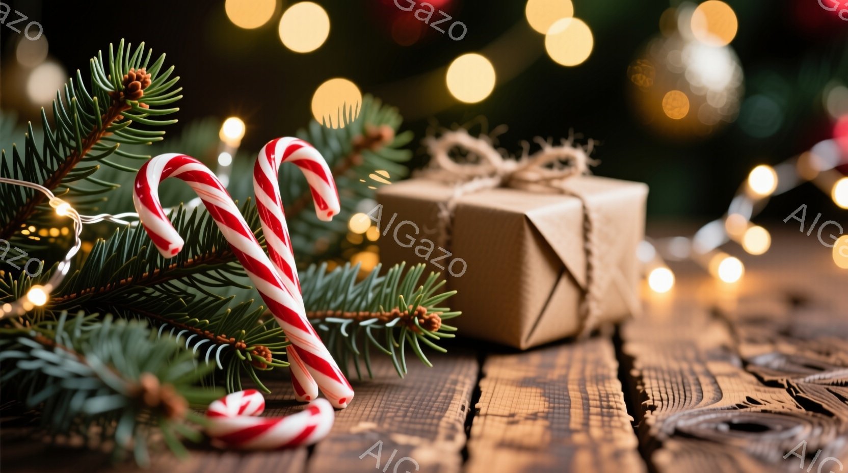 濃い茶色の木製テーブルの上に、赤と白のキャンディケーンと包装紙で包まれた小さなプレゼントが置かれています。背景には緑色の松の枝とぼんやりとした暖かい光が点在し、クリスマスの雰囲気を感じさせます。全体的 - AI生成フリー素材