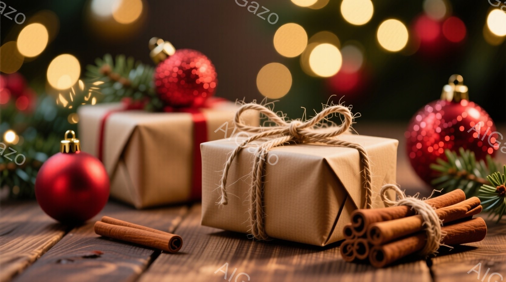 温かみのある木製のテーブルの上に、茶色の包装紙で丁寧に包まれたプレゼントが置かれています。赤いオーナメントとシナモンスティックがプレゼントの周りを飾り、背景にはぼやけた光の玉が散りばめられ、冬の温かい雰囲気を醸し出しています。全体的に落ち着いた色調で、クリスマスの静かで穏やかなシーンを表現しています。
