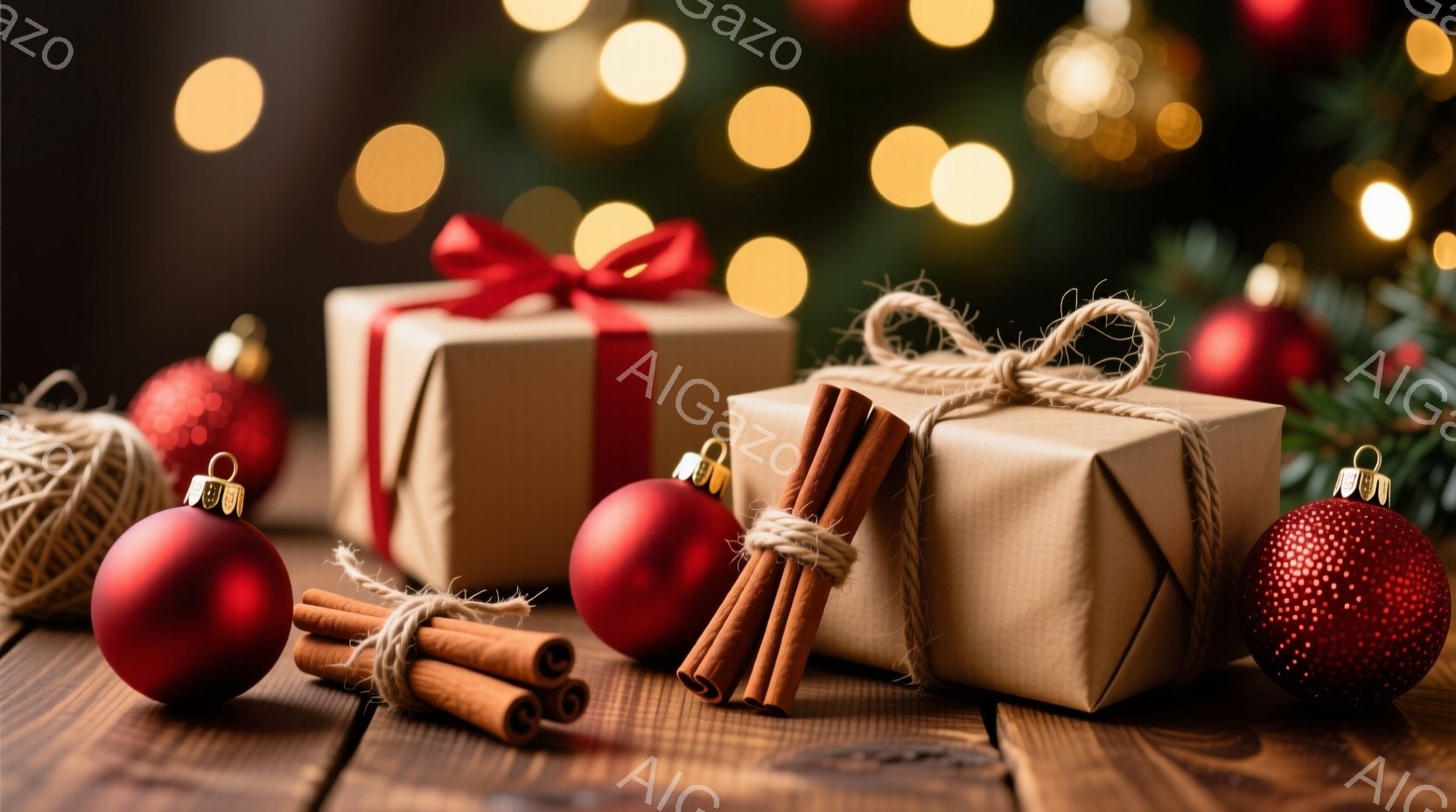 木のテーブルの上に、赤いクリスマスオーナメント、シナモンスティック、そしてクラフト紙で包まれたプレゼントが置かれています。背景はぼやけた光の点々とクリスマスツリーの緑で、温かく心地よい雰囲気を醸し出し - AI生成フリー素材