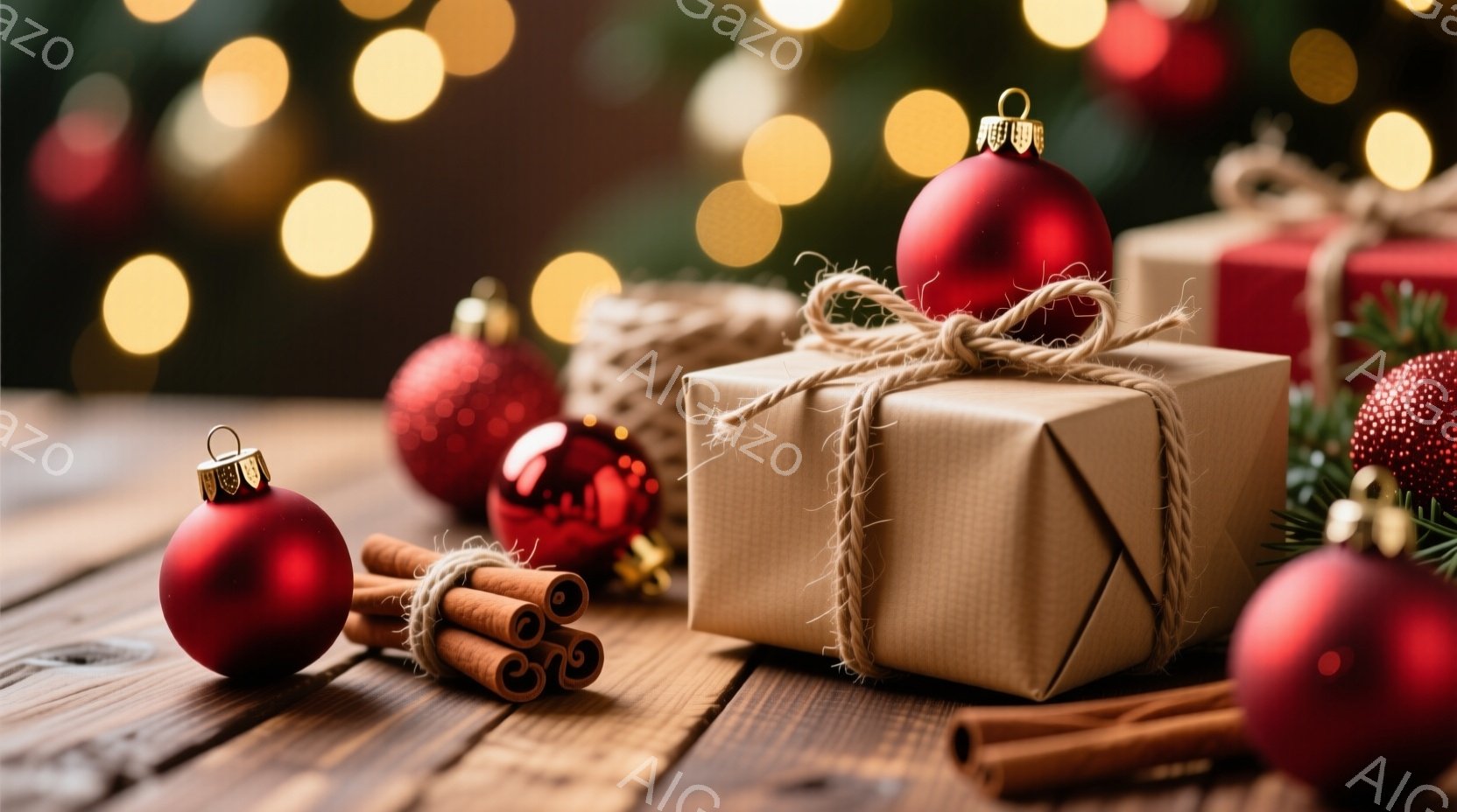 暖炉の木製のテーブルの上に、ラッピングされたプレゼント、赤いクリスマスオーナメント、シナモンスティックが配置されています。背景にはぼやけた光が散りばめられ、クリスマスの温かく心地よい雰囲気を醸し出しています。茶色のギフトには、自然な麻紐が巻かれており、全体的に素朴で落ち着いた印象を与えます。