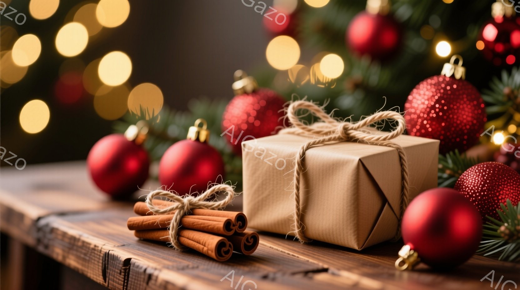 粗末な木のテーブルの上に、麻紐で結ばれた包みとシナモンスティックが置かれています。背景には、赤色のクリスマスオーナメントとぼやけた光が散りばめられており、冬の温かく居心地の良い雰囲気を醸し出しています。全体的に、落ち着いた色調と自然素材が、ホリデーシーズンの暖かさと素朴さを表現しています。