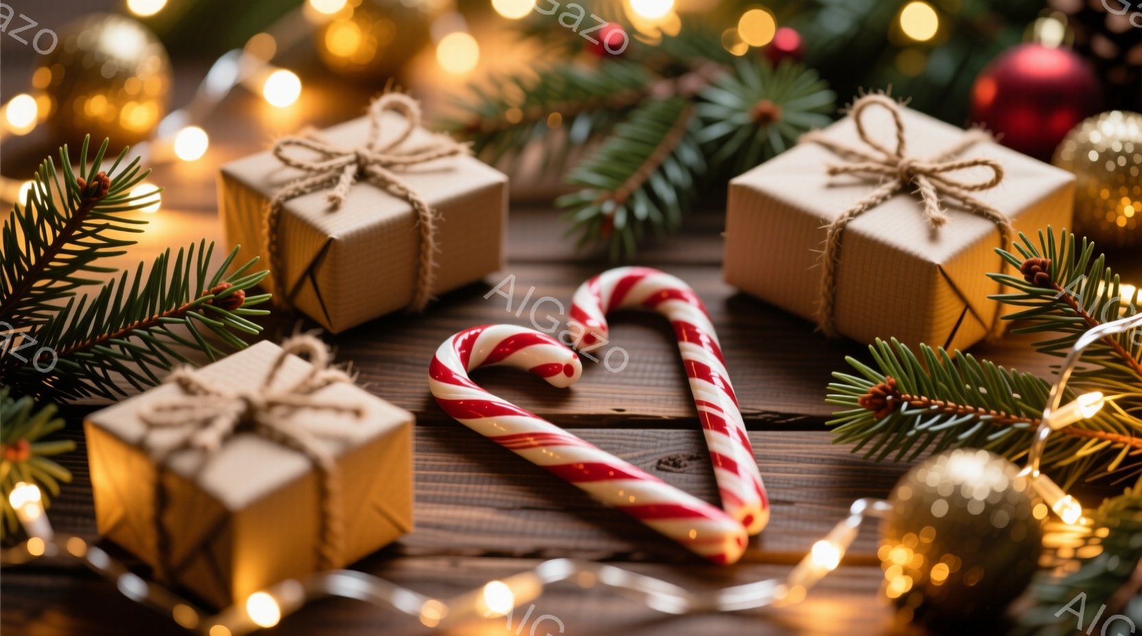 木製のテーブルの上にラッピングされたプレゼントボックス、キャンディケーン、そしてクリスマスツリーの枝が配置されています。プレゼントはクラフト紙で包まれ、麻ひもで結ばれており、温かみのある雰囲気を醸し出しています。背景には、ぼやけた光のイルミネーションが輝き、クリスマスの季節感を強調しています。