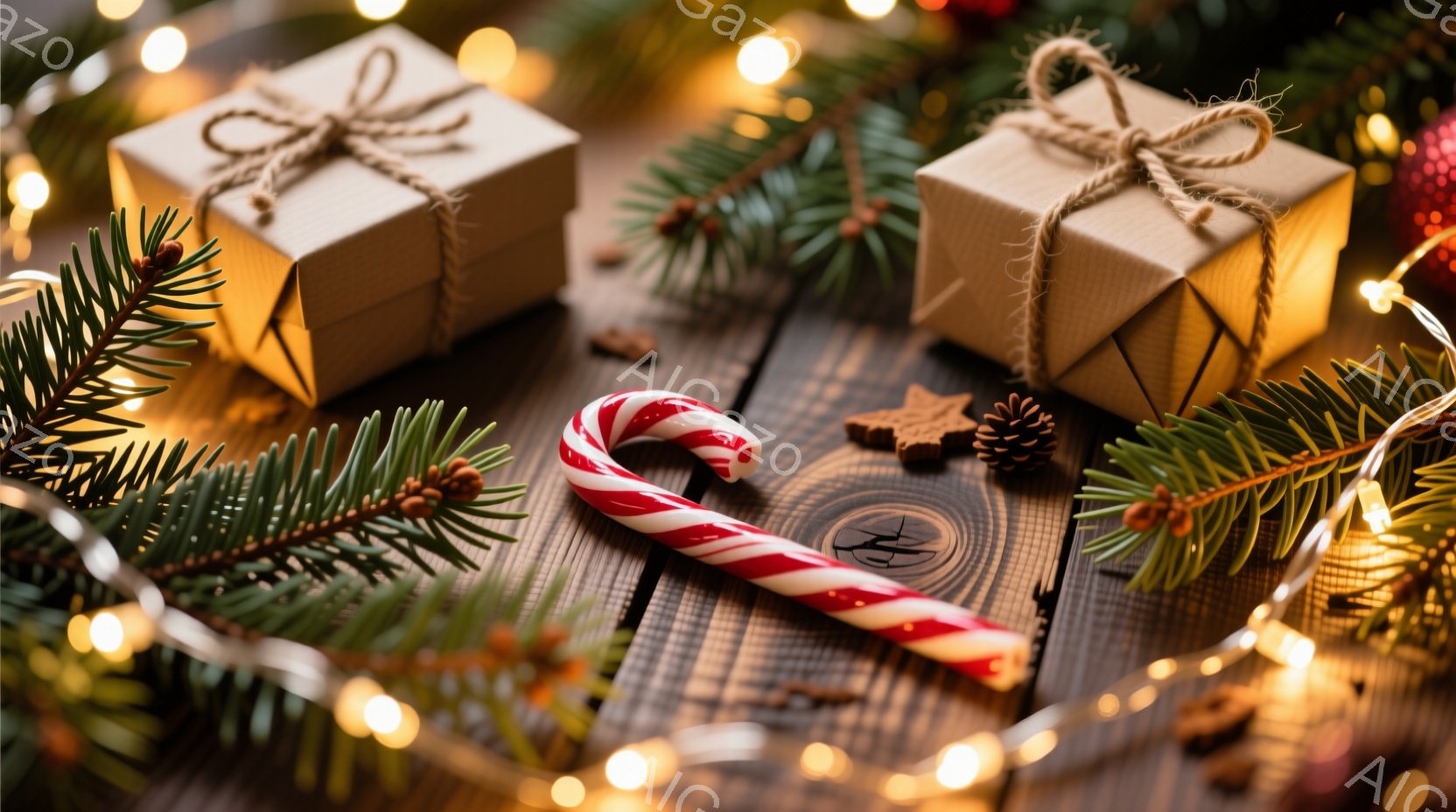 濃い木製のテーブルの上に、クリスマスらしい装飾品が散りばめられています。赤いストライプのキャンディケーン、松ぼっくり、小さなプレゼントボックス、そして常緑樹の枝が、暖かく落ち着いた雰囲気を醸し出しています。背景にはぼんやりとした光の帯が広がり、冬の праздничная атмосфераを強調しています。