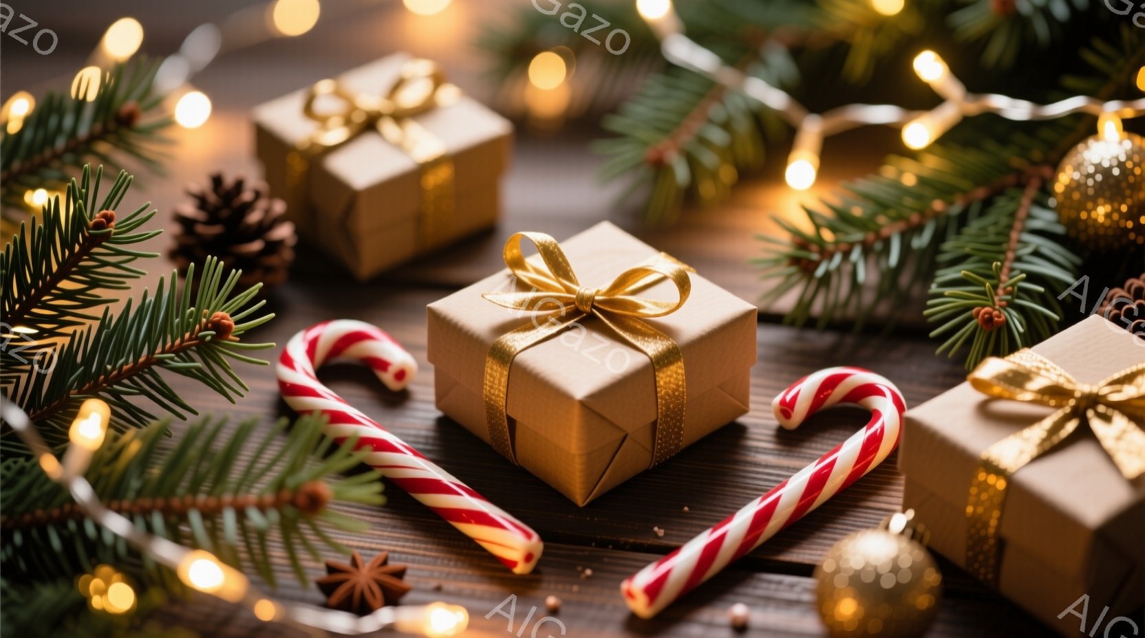 深い木製のテーブルの上に、ラッピングされたギフトボックス、キャンディケーン、松ぼっくり、そしてクリスマスツリーの枝が配置されています。ギフトボックスはクラフト紙で包まれ、金色のリボンで飾られており、テーブル全体を温かい光が照らしています。全体的に、クリスマスやお祝いのイベントを連想させる、穏やかで心地よい雰囲気です。