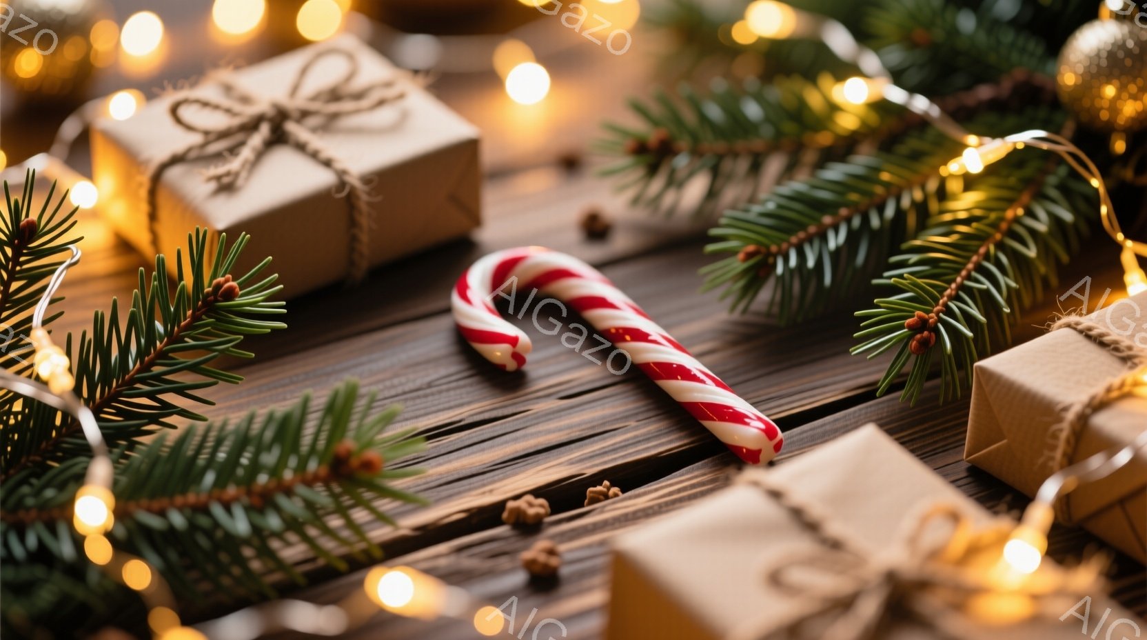 濃い茶色の木製テーブルの上に、プレゼントの箱、キャンディケーン、そして緑色の葉っぱが散りばめられています。暖かい色のフェアリーライトが背景をぼかし、全体的に温かく、お祝いの雰囲気を醸し出しています。葉っぱや小さな松ぼっくりが、冬の自然の要素を加えています。