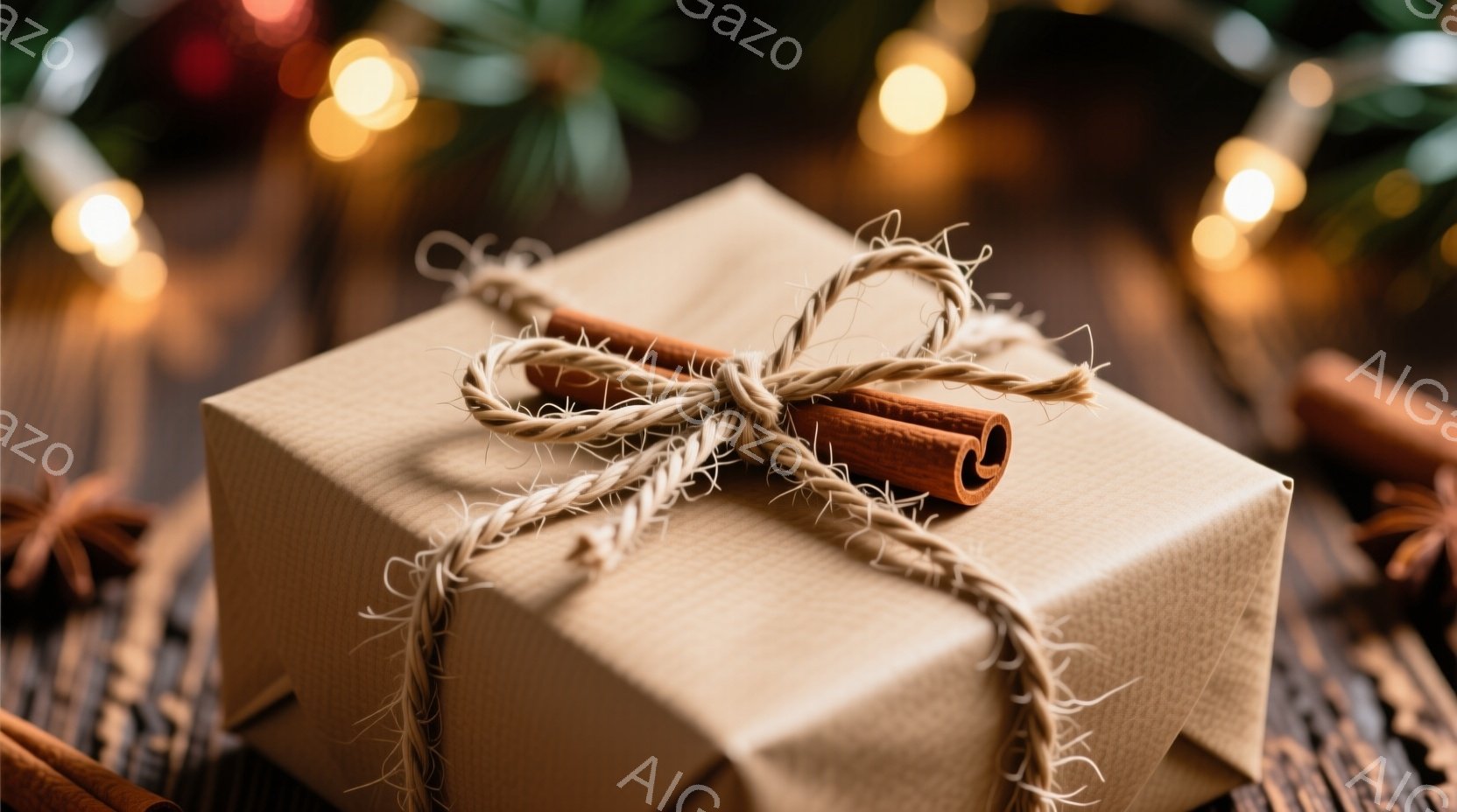 不自然な明るさの背景に、茶色の包装紙で丁寧に包まれた箱が置かれています。粗い麻紐で結ばれ、シナモンスティックがアクセントとして添えられています。背景にはぼやけた自然の要素が見え、全体的に温かく、お祝いの雰囲気が漂っています。