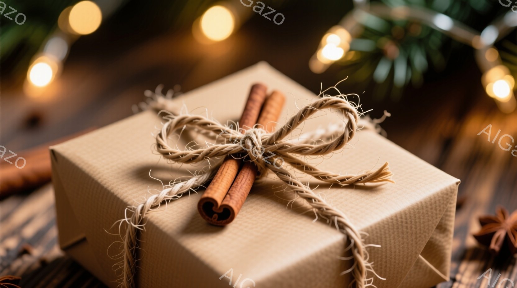 不自然な質感の茶色のギフトボックスが、粗い麻ひもで結ばれており、数本のシナモンスティックがアクセントとして添えられています。背景にはぼやけた緑の葉と温かい色のライトが散りばめられており、温かく居心地の良い雰囲気を作り出しています。全体的に、自然素材と暖色系の照明が、クリスマスの季節を彷彿とさせる、素朴で魅力的なイメージです。