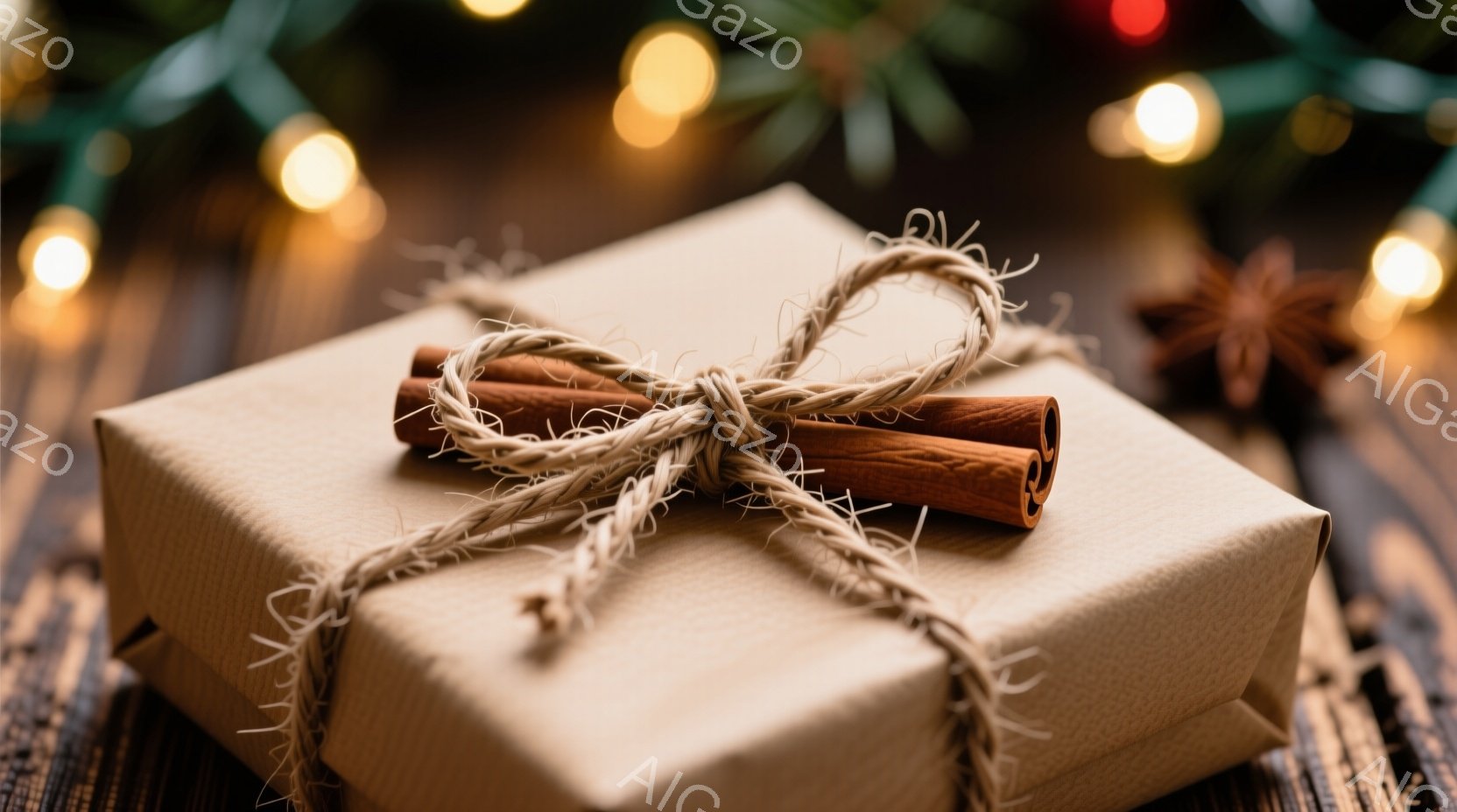 温かみのある茶色の包装紙で丁寧に包まれたプレゼントが、粗い麻紐で結ばれ、シナモンスティックが添えられています。背景には暗い木製の表面と、ぼやけたクリスマスのライトが見え、冬の穏やかで心地よい雰囲気を醸し出しています。全体的に、クリスマスやホリデーシーズンを思わせる、素朴で温かい印象を与える画像です。