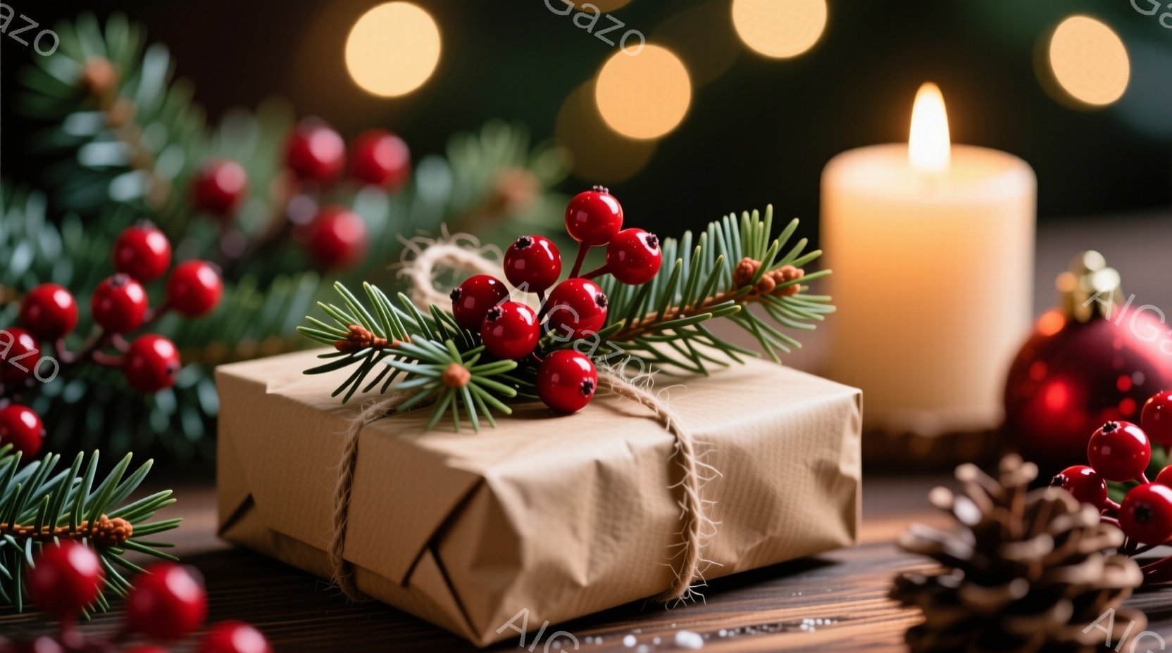 粗末な茶色の包装紙で包まれたプレゼントが、テーブルの上に置かれています。松の葉と赤い実の飾りで飾られ、背景にはぼやけたキャンドルとオーナメント、そして赤い実の枝が見えます。全体的に暖かく、落ち着いたク - AI生成フリー素材