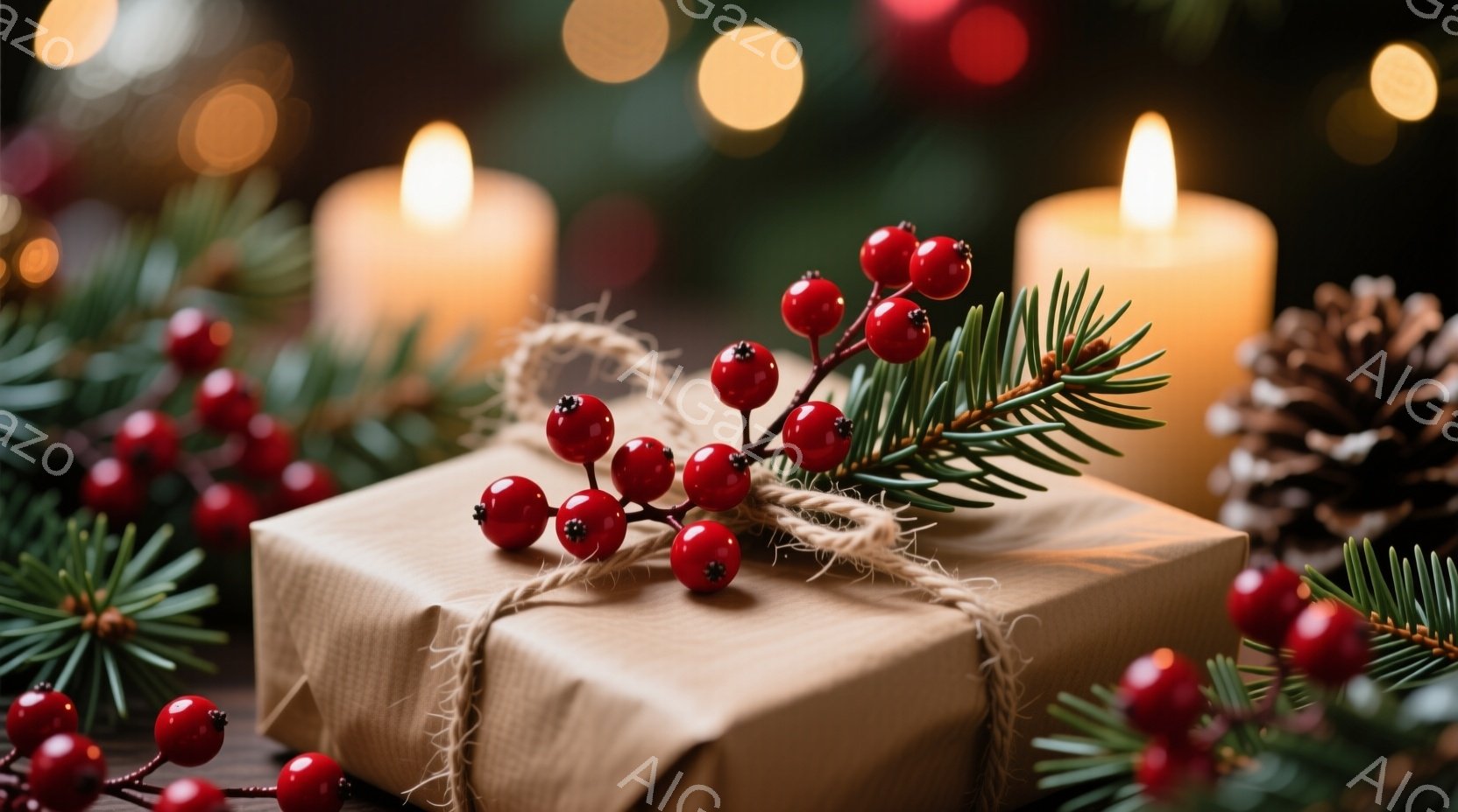 包装紙で包まれたプレゼントが、木の板の上に置かれています。プレゼントには、赤い実のついた葉と麻紐の飾り付けが施され、背景にはぼんやりとしたキャンドルの光と、クリスマスツリーの葉や松ぼっくりが見えます。暖かく、落ち着いた雰囲気で、ホリデーシーズンを感じさせます。