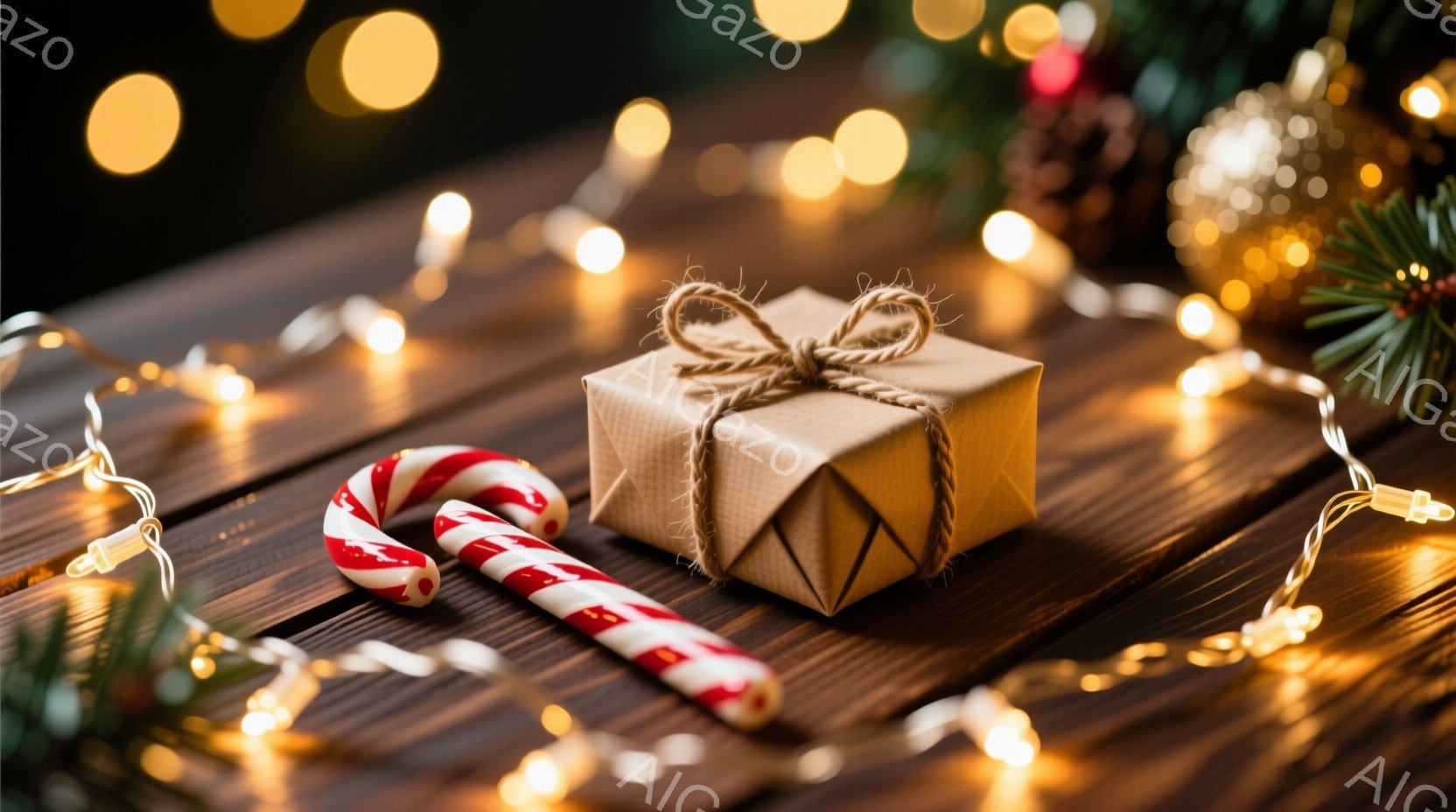 暗い木製のテーブルの上に、キャンディケーンと茶色の包装紙で包まれた小さなプレゼントが置かれています。背景にはぼやけたクリスマスライトが暖かく輝き、緑色の葉がアクセントとして添えられています。全体的に、 - AI生成フリー素材
