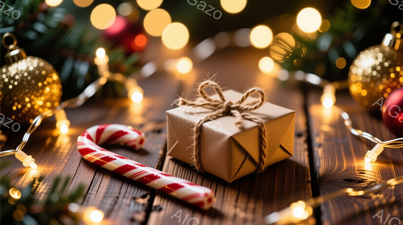 濃い木の板の上に、包み紐で結ばれた小さな茶色のギフトボックスと、赤と白のキャンディケーンが置かれています。背景には、ぼやけたクリスマスツリーの枝と、温かい光を放つ小さな電球のライトが散りばめられており、クリスマスの雰囲気を醸し出しています。全体的に、暖かく居心地の良い、お祝いのムードが漂っています。