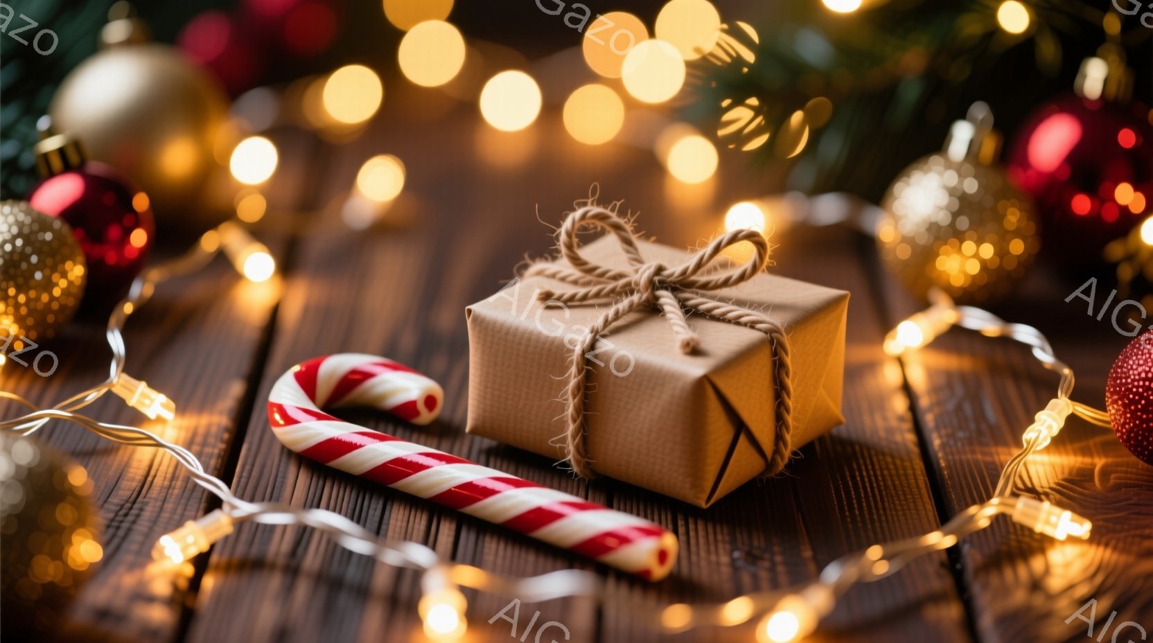 濃い木製の板の上に、キャンディケーンと茶色の包装紙で包まれた小さなプレゼントが置かれています。背景には、ぼやけたクリスマスオーナメントと温かい光のストリングライトが散りばめられており、全体的に温かく、お祝いの雰囲気です。プレゼントには麻紐が巻かれており、素朴で可愛らしい印象を与えます。