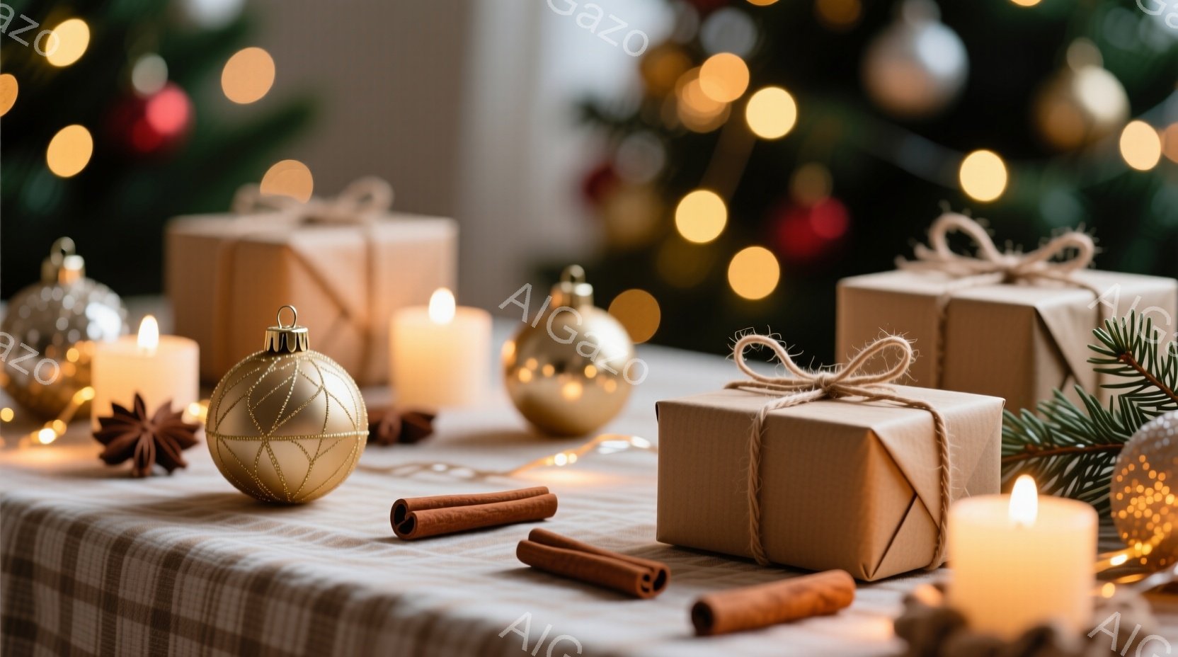 テーブルの上には、茶色の包装紙で包まれたプレゼント、金色のオーナメント、シナモンスティック、星型のスパイス、そして灯されたキャンドルが置かれています。背景にはぼやけたクリスマスツリーの緑と、暖色の光が - AI生成フリー素材