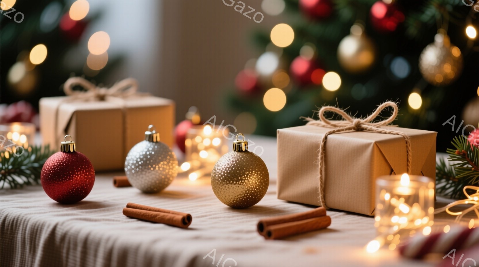 テーブルの上には、赤い、銀色の、金色のクリスマスオーナメントと、麻紐で結ばれたクラフト紙で包まれたプレゼントが置かれています。シナモンスティックが添えられ、背景にはぼやけたクリスマスツリーの飾りと、暖かい光のストリングライトが散りばめられています。全体的に、温かく、居心地の良い、クリスマスの雰囲気が漂う静かなシーンです。